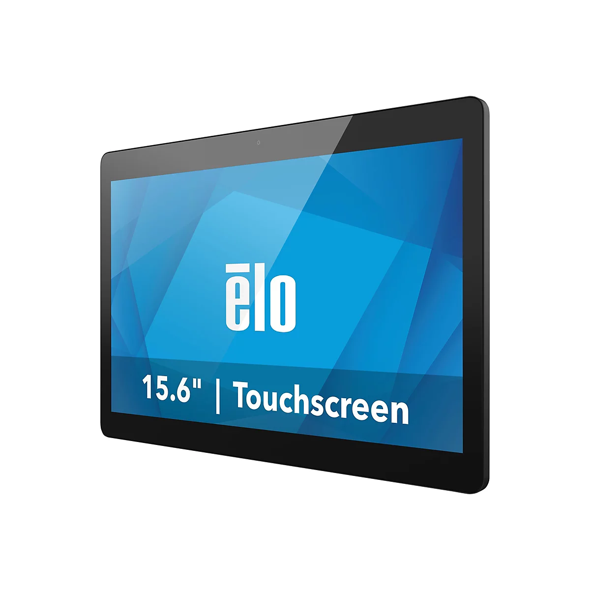 Schwarzes Tablet mit blauem Bildschirm und der Aufschrift "elo 15.6" Touchscreen".
