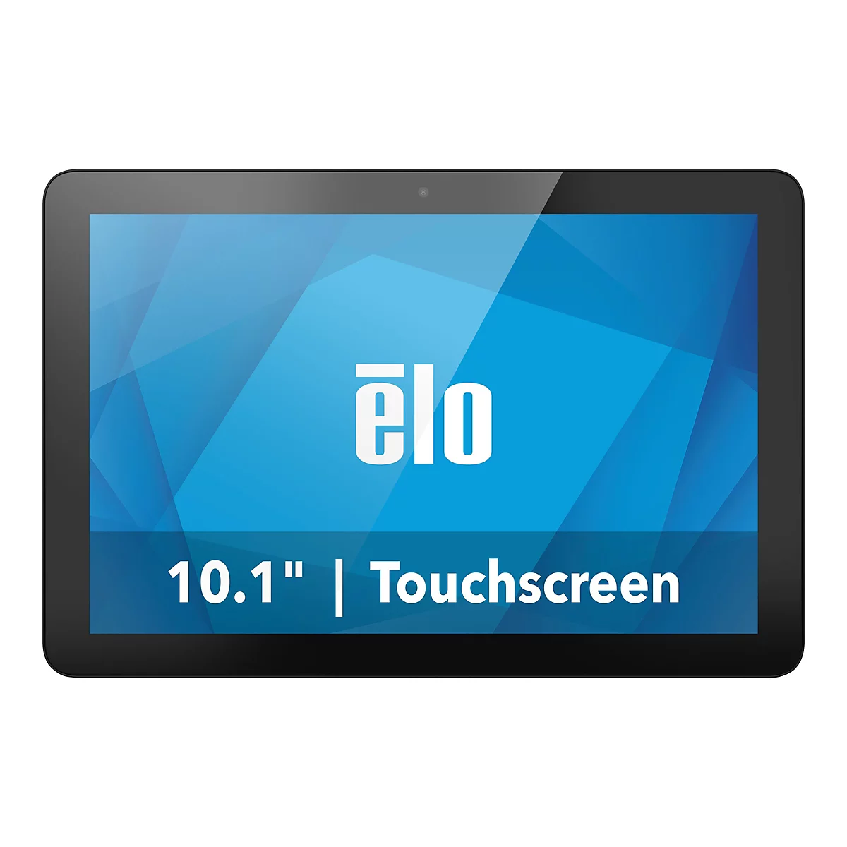 Ein schwarzes Tablet mit blauem Bildschirm, auf dem in weiß "ēlo" und "10.1" | Touchscreen" steht.