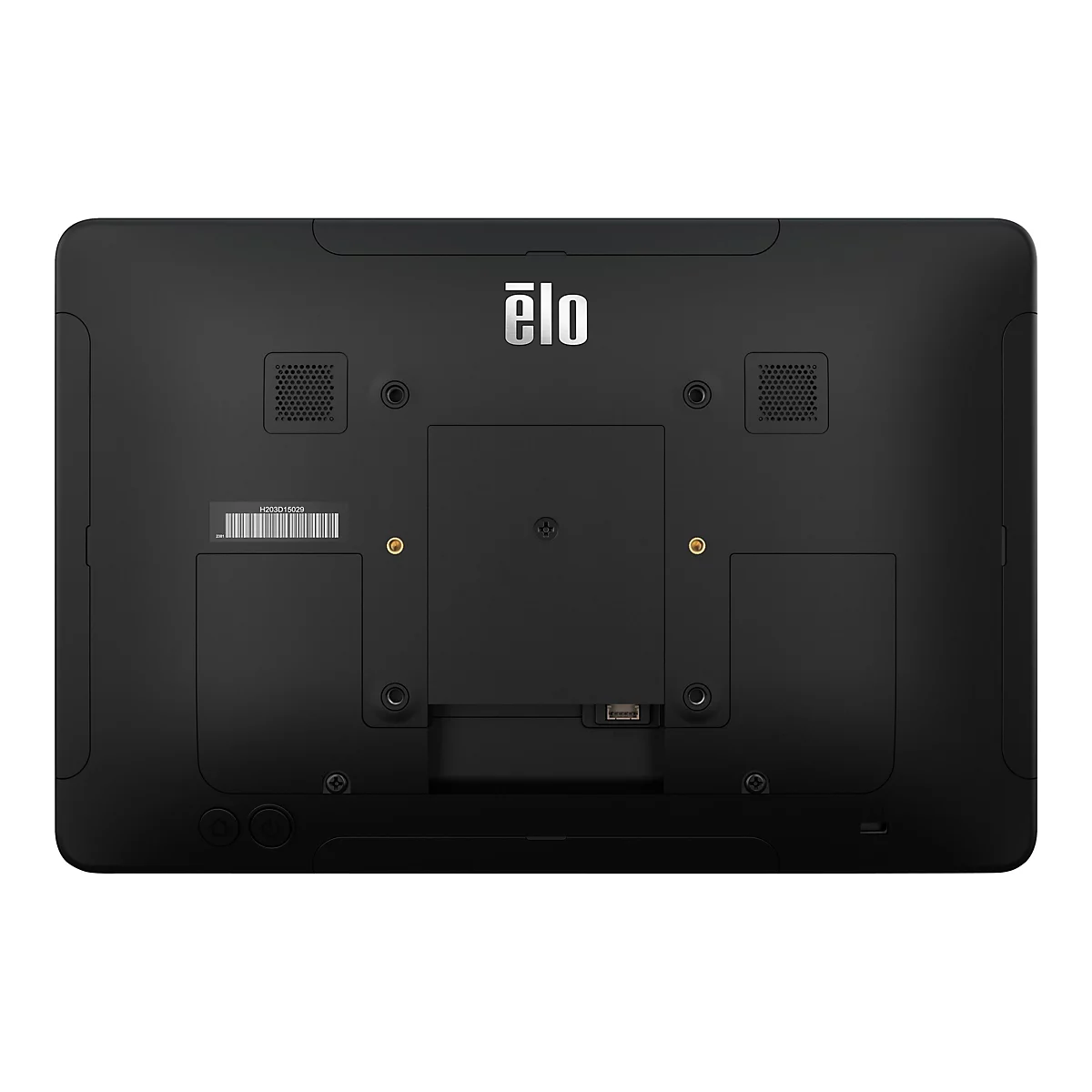 Rückseite eines schwarzen Elo-Touchscreens, mit Logo, Lüftungsschlitzen, Schrauben und Anschlüssen.