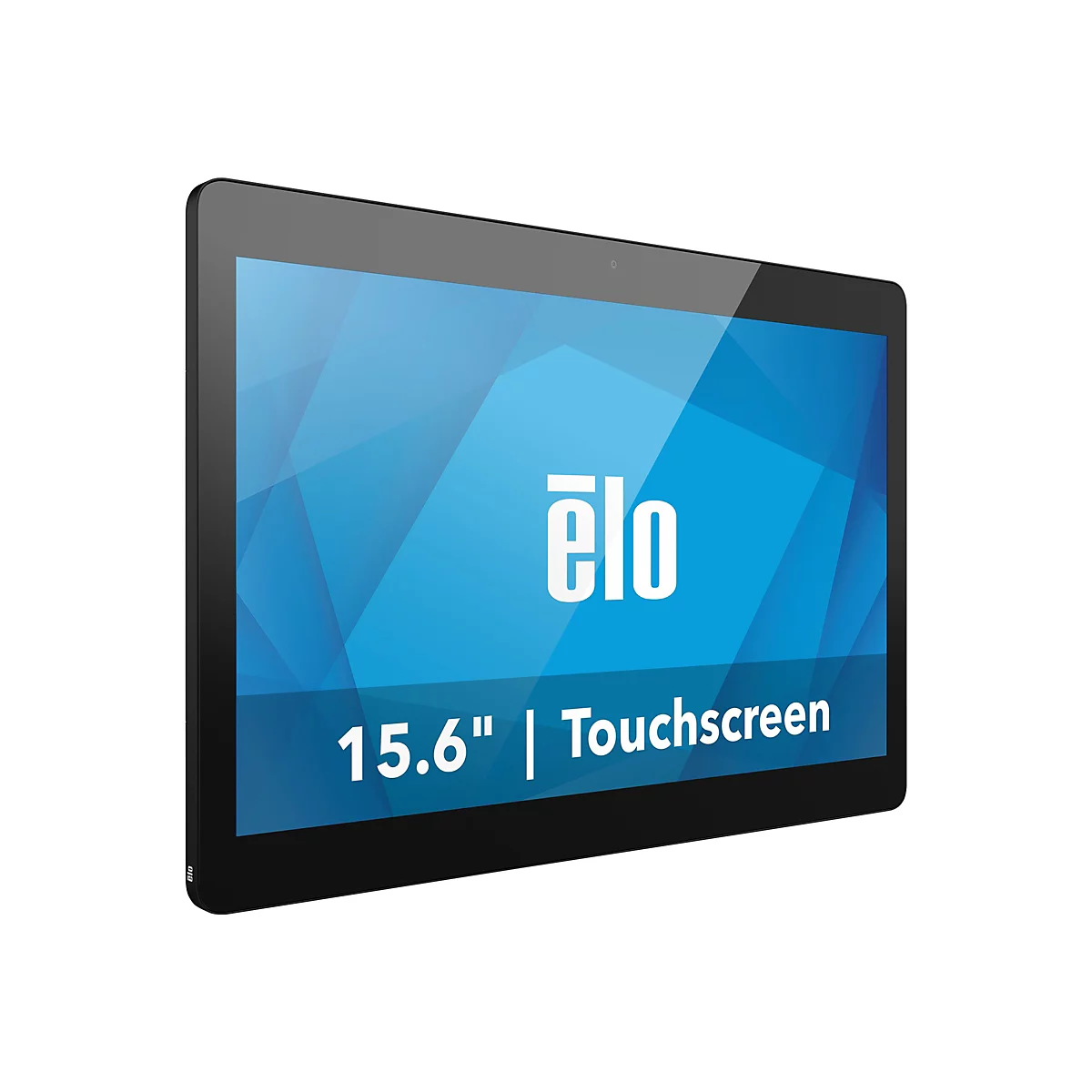 Ein schwarzes Touchscreen-Tablet von Elo mit weißem Logo und blauen Hintergrund. Der Bildschirm zeigt die Aufschrift 15,6" | Touchscreen.