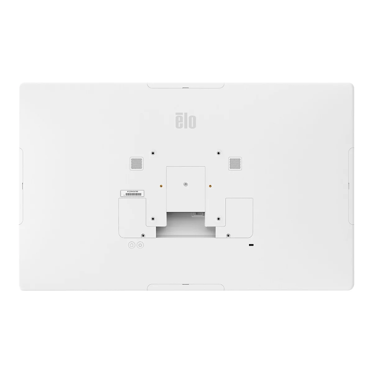 Rückseite eines weißen Monitors mit dem Markenlogo „elo“. Der Monitor hat Löcher für die Wandmontage, einen Barcode und verschiedene Anschlüsse.