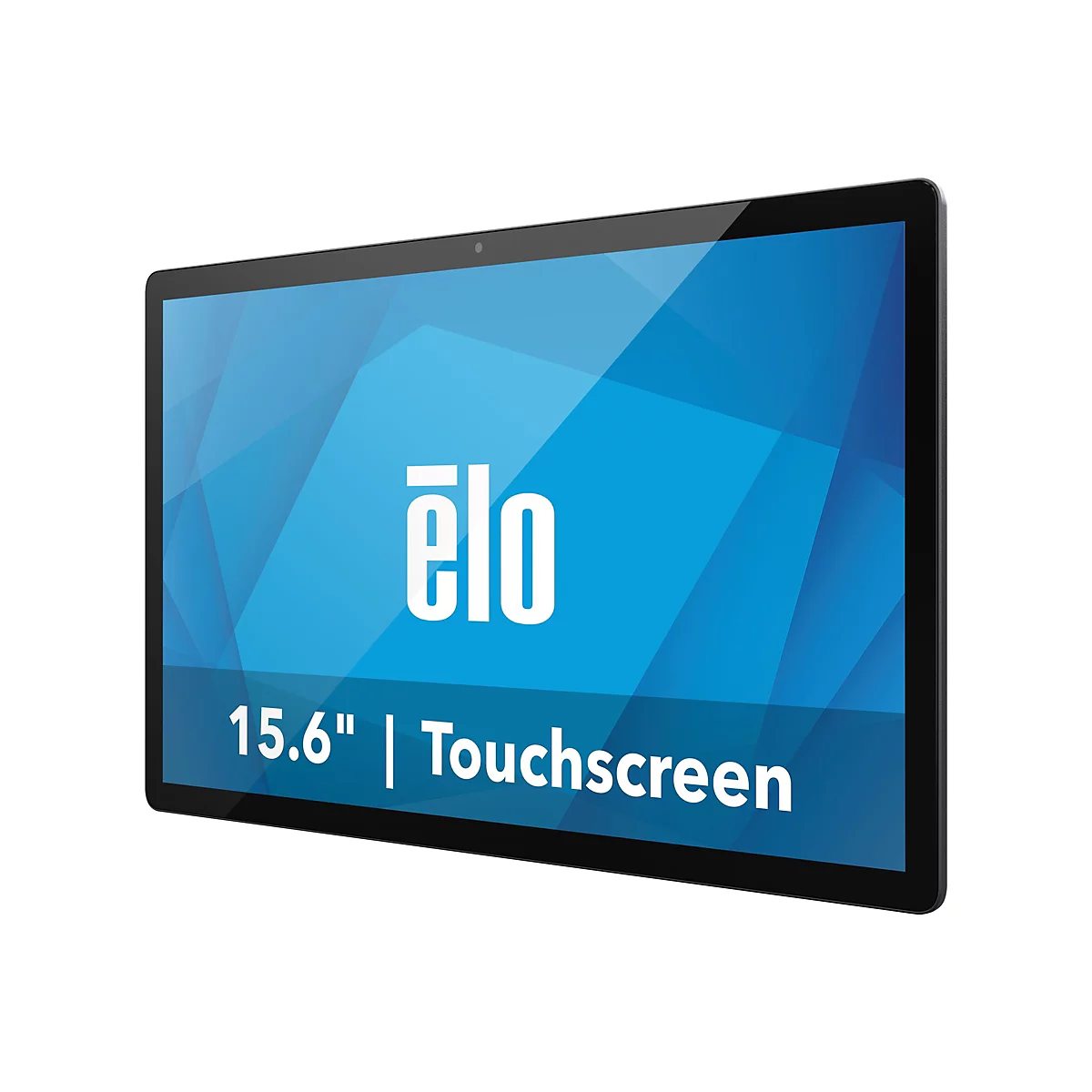 Ein Touchscreen-Monitor mit schwarzem Rahmen. Auf dem blauen Bildschirm sind das Logo "elo" und die Aufschrift "15.6" | Touchscreen" zu sehen.