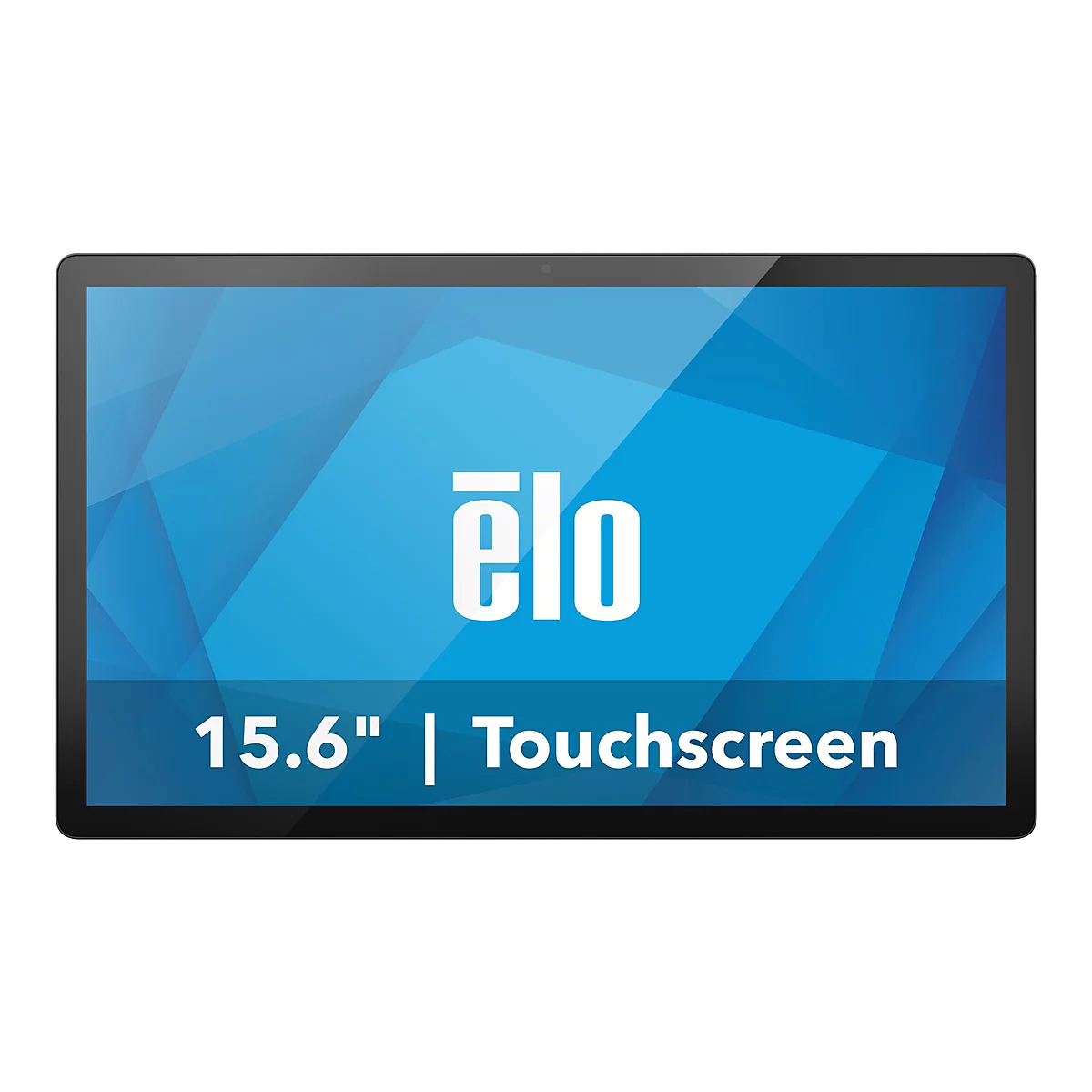Schwarz gerahmtes Touchscreen-Tablet, blau-weißes Display. Aufschrift: elo, 15,6", Touchscreen.