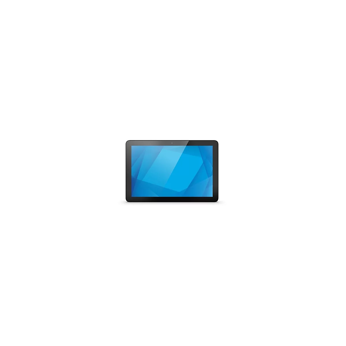 Schwarzes Tablet mit blauem Bildschirm, der geometrische Muster zeigt. Das Tablet ist vor weißem Hintergrund platziert.