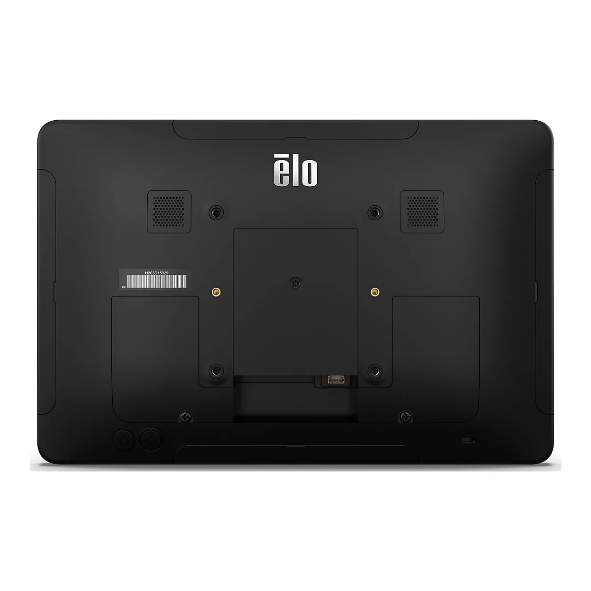 Rückseite eines schwarzen Elo-Touchscreens mit Logo, Lüftungsschlitzen, Anschlüssen und Bedienelementen.