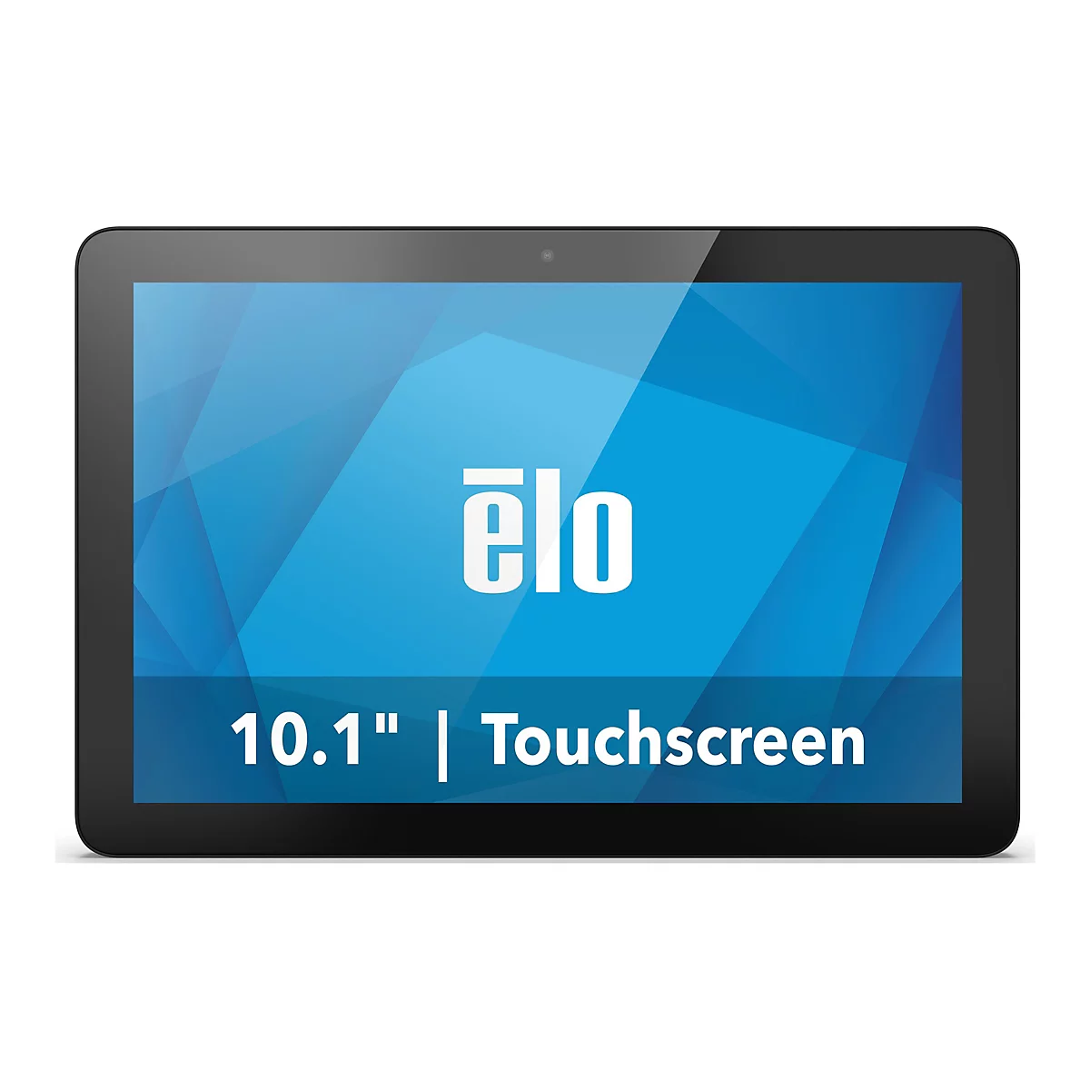 Schwarzes Tablet mit Touchscreen-Funktion, Logo "elo" und Schriftzug "10.1" | Touchscreen" auf blauem Hintergrund.