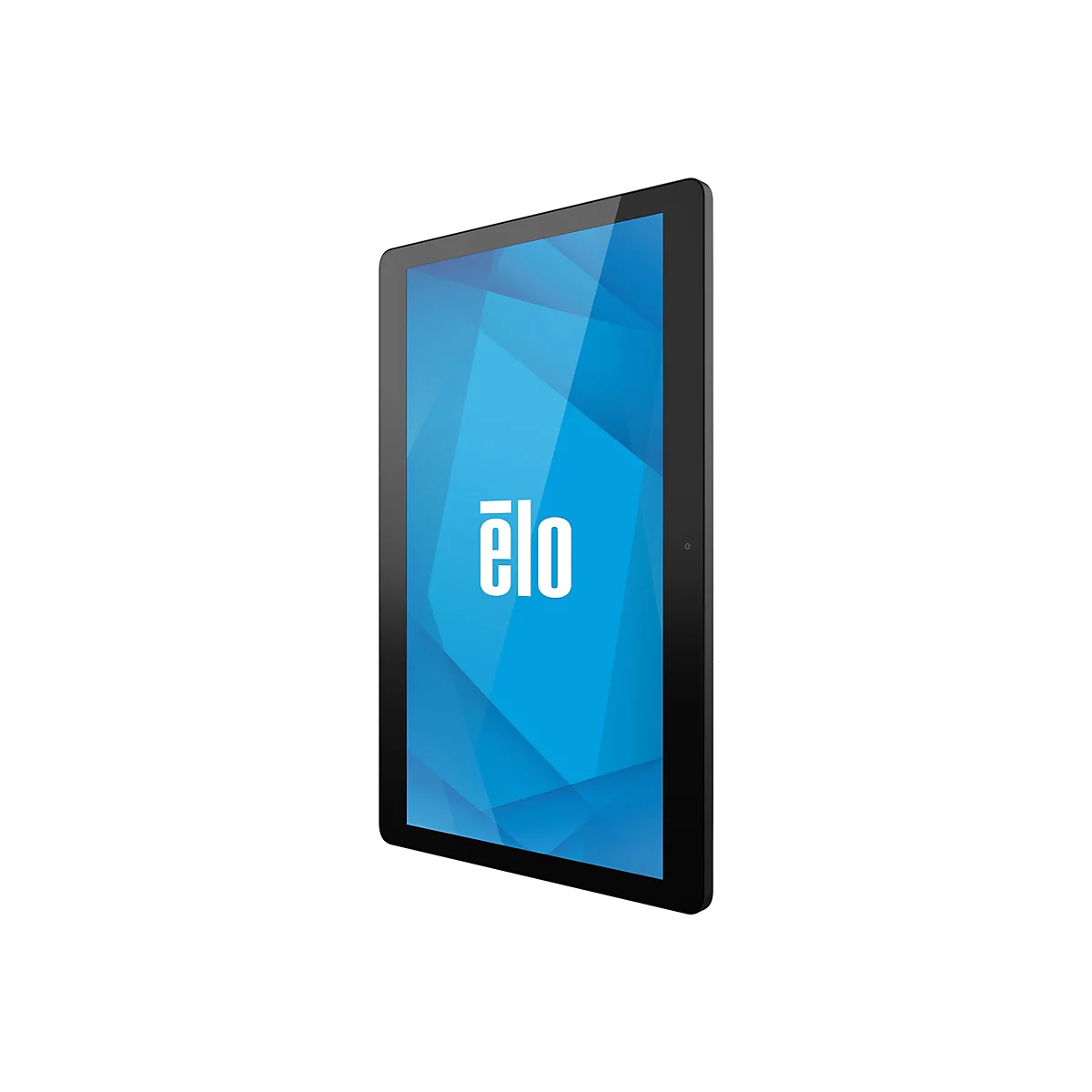 Ein schwarzes Tablet, das leicht von der Seite in einem Winkel gehalten wird. Der Bildschirm ist blau mit dem weißen Wort "ëlo".