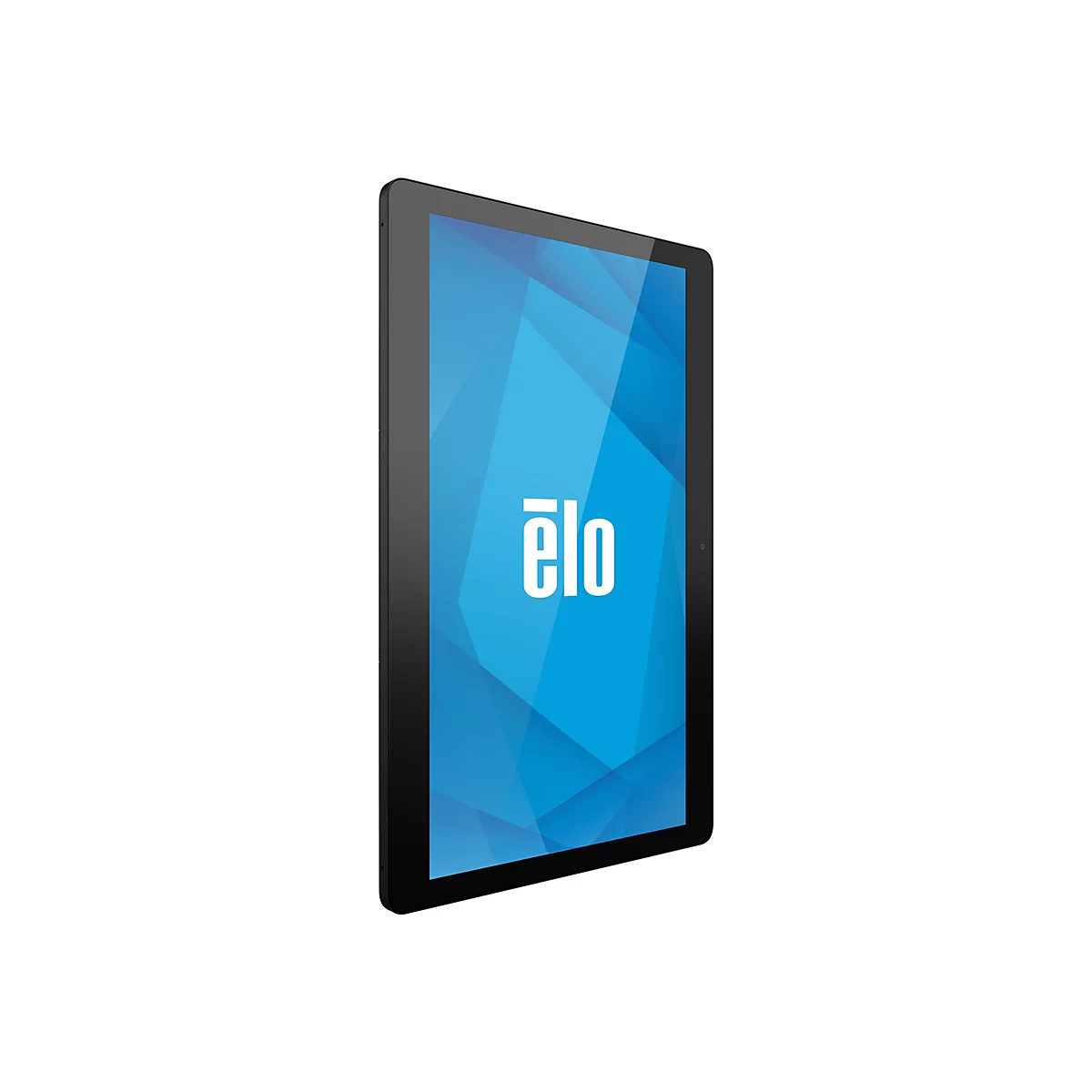Ein schwarzes Tablet im Hochformat, Bildschirm mit blauem geometrischen Muster, weißes "elo" Logo. Auf weißem Hintergrund.