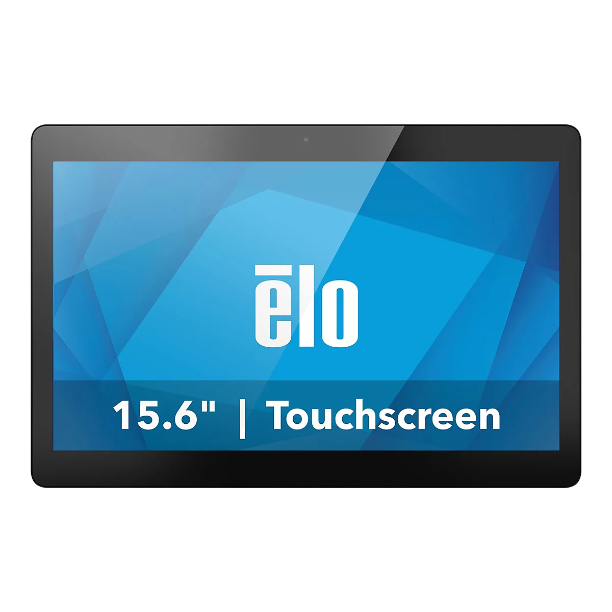 Ein schwarzes Touchscreen-Tablet mit blauem Bildschirm, der das Elo-Logo, die Größe und die Touchscreen-Funktion anzeigt.