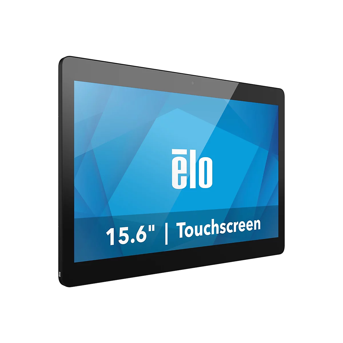 Schwarzes Elo Touchscreen-Tablet, 15,6 Zoll, mit Logo und blauem Hintergrund.