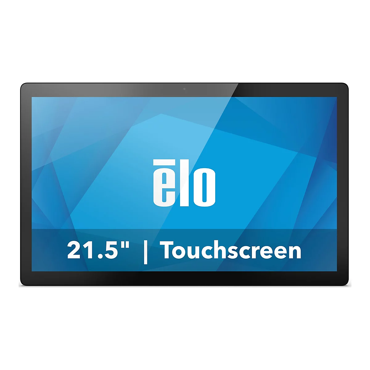 Ein schwarzes Touchscreen-Display mit blauem Hintergrund und weißem "ēlo"-Logo. Darunter steht "21.5" | Touchscreen".