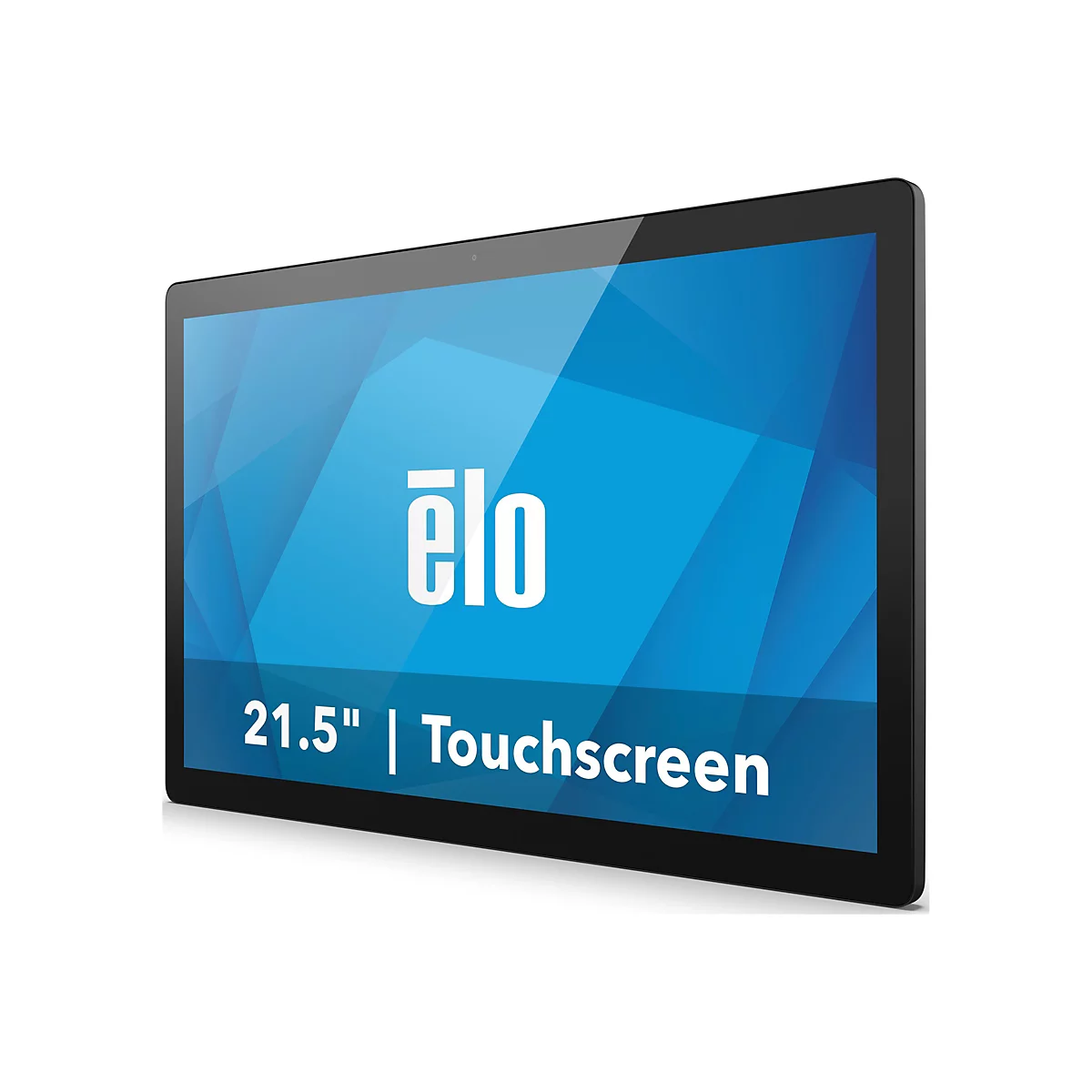 Ein schwarzer Touchscreen-Monitor mit dem Schriftzug "elo" und den Wörtern "21,5" | Touchscreen" auf blauem Hintergrund.