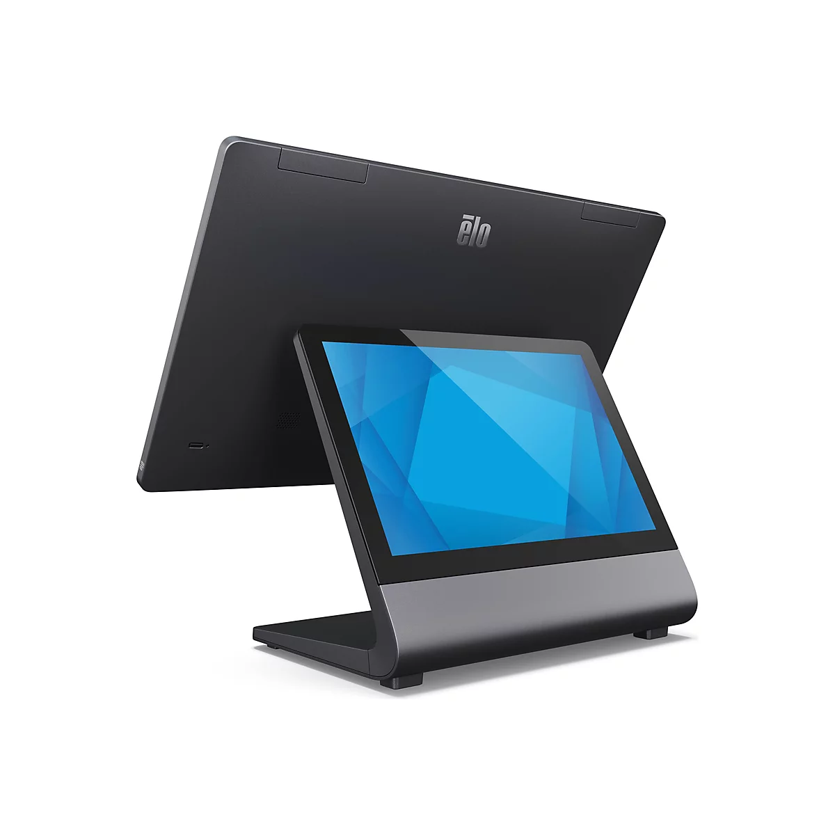 Ein schwarzer Touchscreen-Monitor mit blauem Bildschirm, der sich auf einem grauen Fuß befindet.