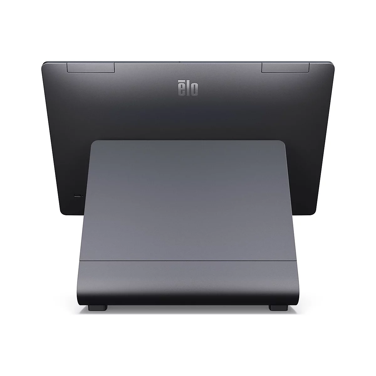 Grauer Touchscreen-Monitor mit Standfuß, Logo 'elo' oben mittig, auf weißem Hintergrund.