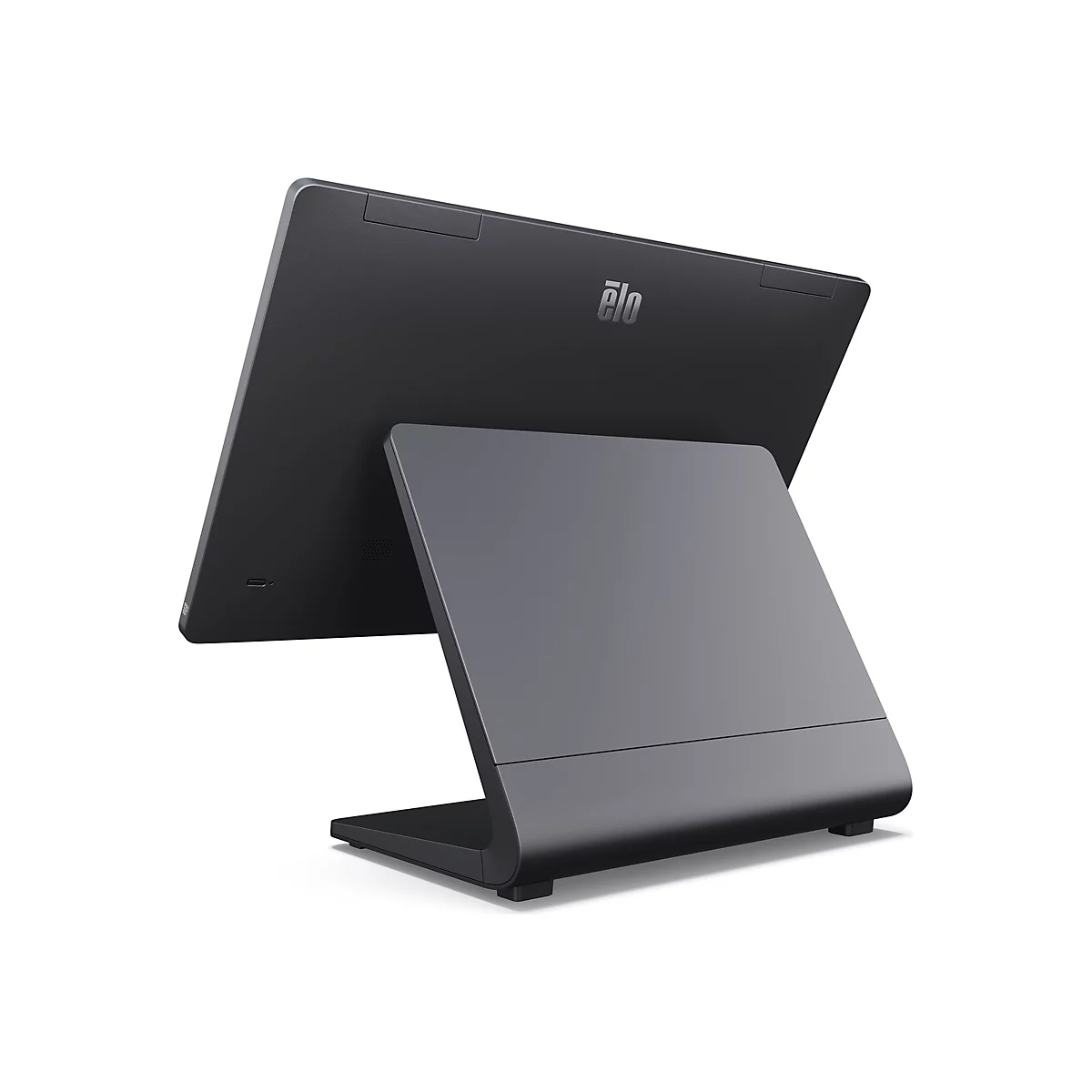 Ein schwarzes Elo-Touchscreen-Terminal mit schrägem Bildschirm und Standfuß auf weißem Hintergrund.