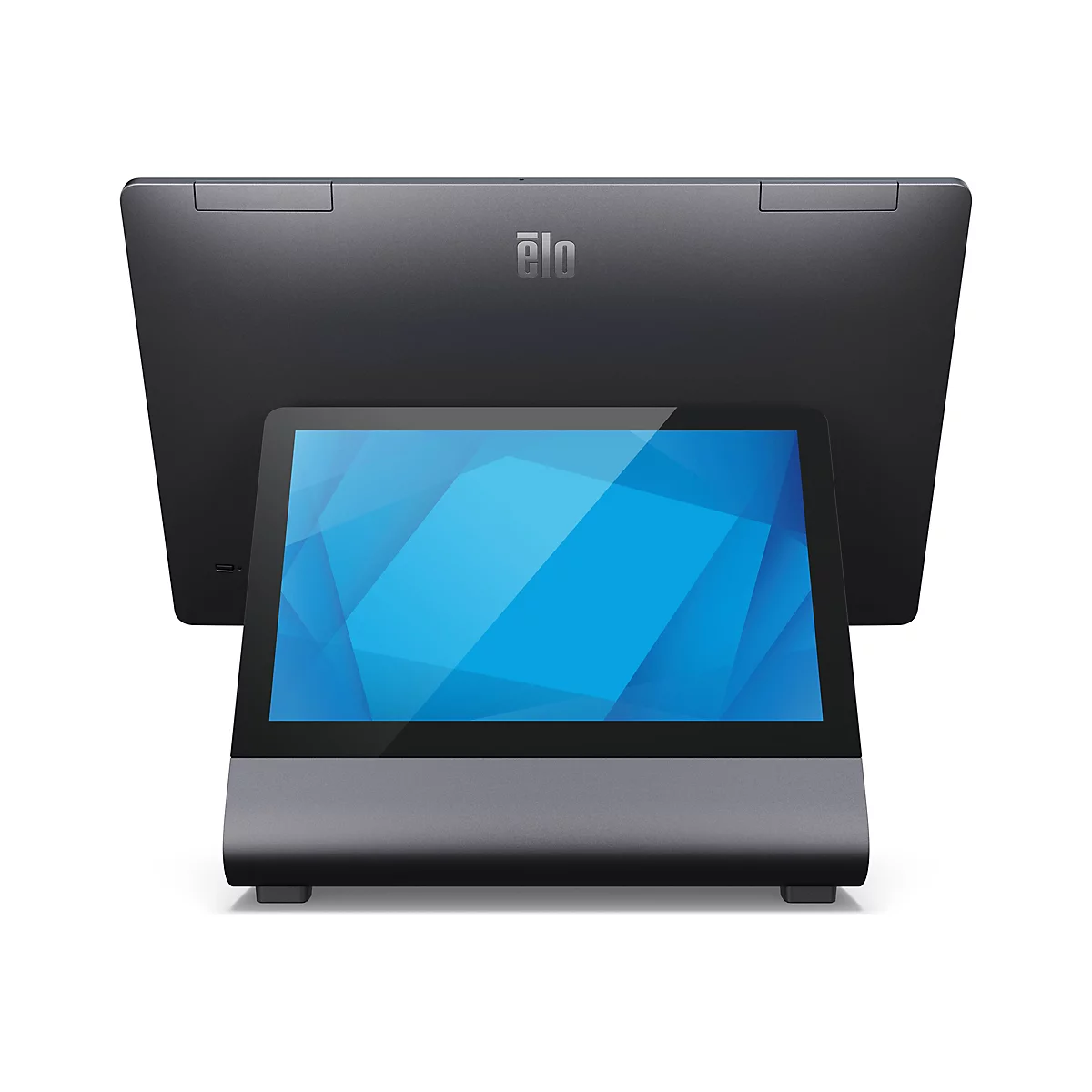 Ein schwarzes Touchscreen-Gerät mit einem blauen Bildschirm, der von einem schwarzen Standfuß getragen wird. Auf der Rückseite befindet sich ein graues Logo.