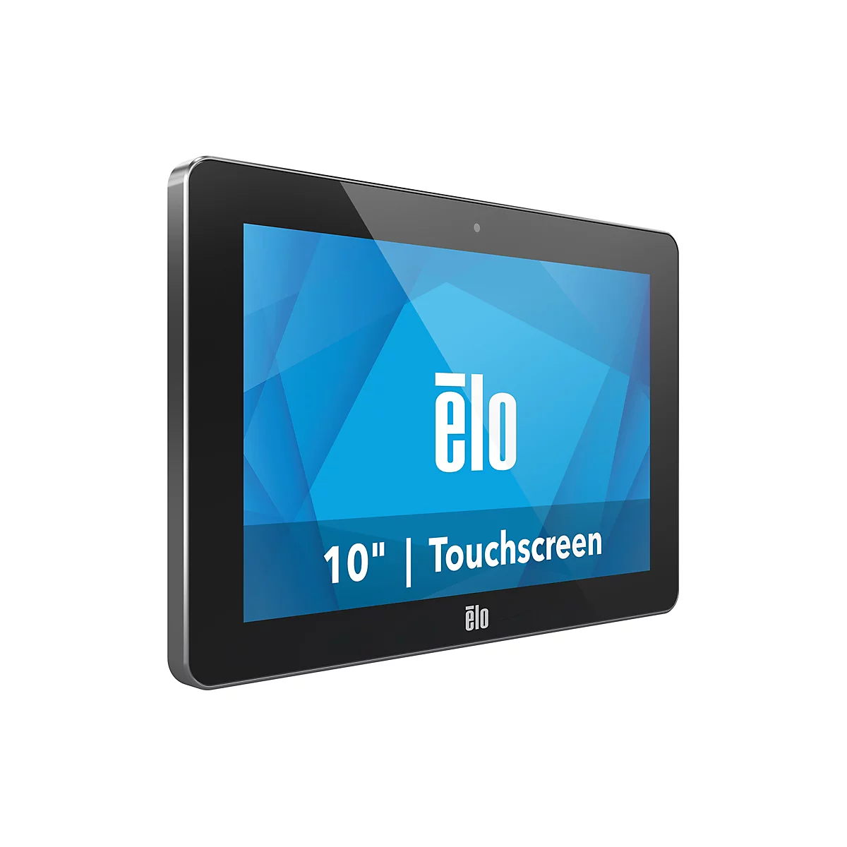 Ein graues Tablet vor weißem Hintergrund. Auf dem Bildschirm blaues Muster mit Schriftzug "ēlo" und "10" | Touchscreen".