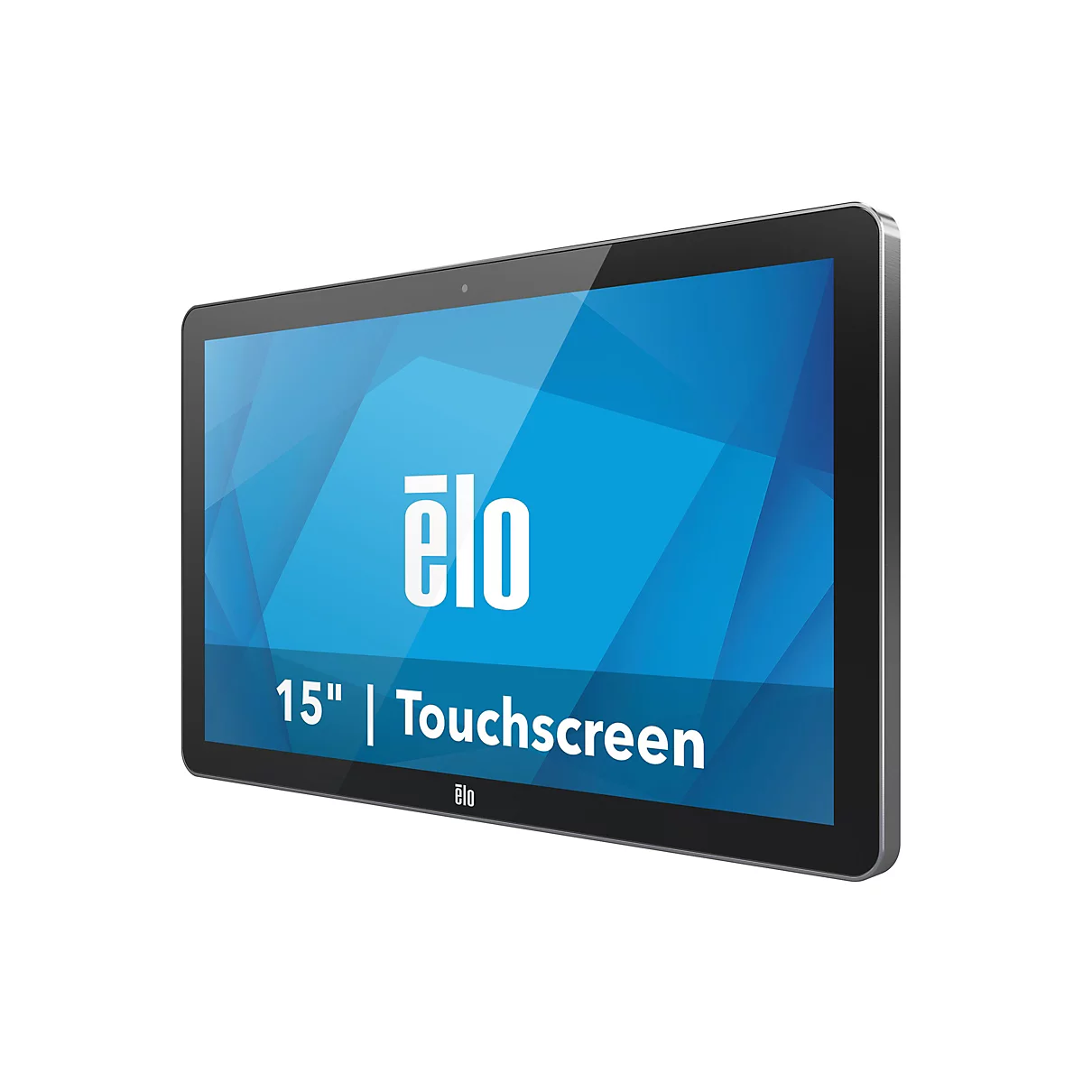 Elo 15" Touchscreen-Monitor, schwarz. Auf dem Bildschirm blaues Muster mit Schriftzügen.