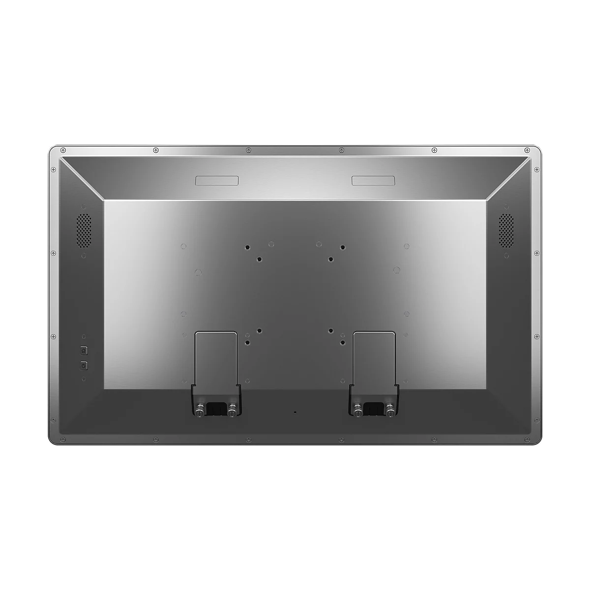Rückseite eines silbernen Monitors mit Anschlüssen, Löchern und Schrauben. Zwei Lautsprechergitter an den Seiten.