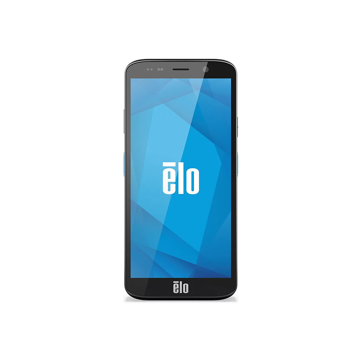 Un smartphone noir avec un écran bleu affichant le logo "elo".