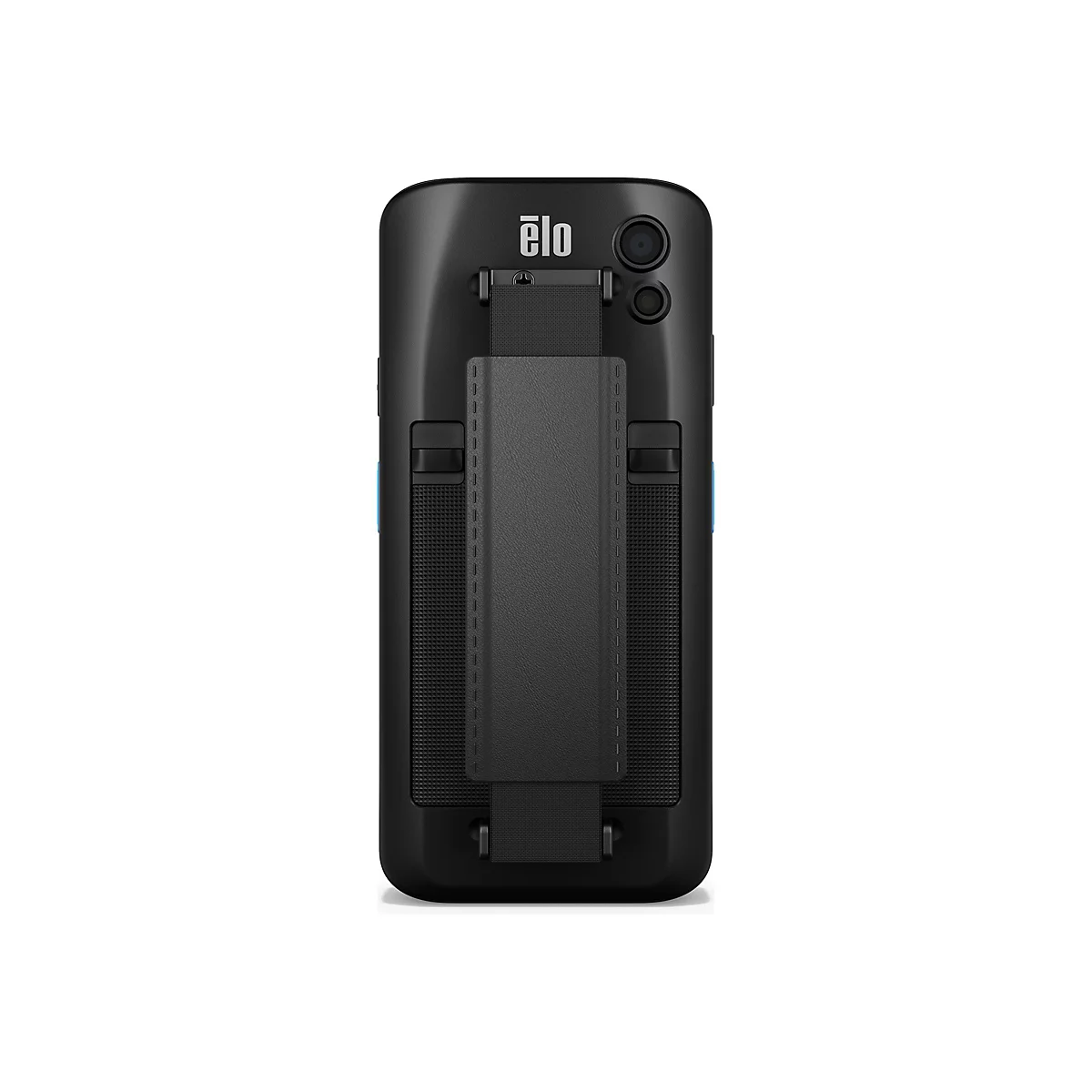 Rückseite eines schwarzen Tablets mit einem Griff, einem Kameramodul und dem Elo-Logo.