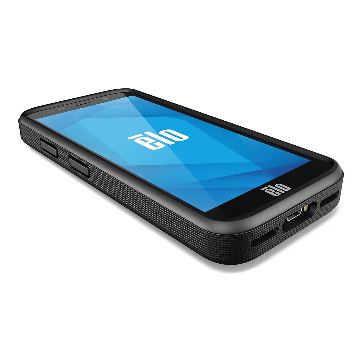 Un smartphone noir avec le logo "elo" sur l'écran. L'appareil a une surface nervurée.