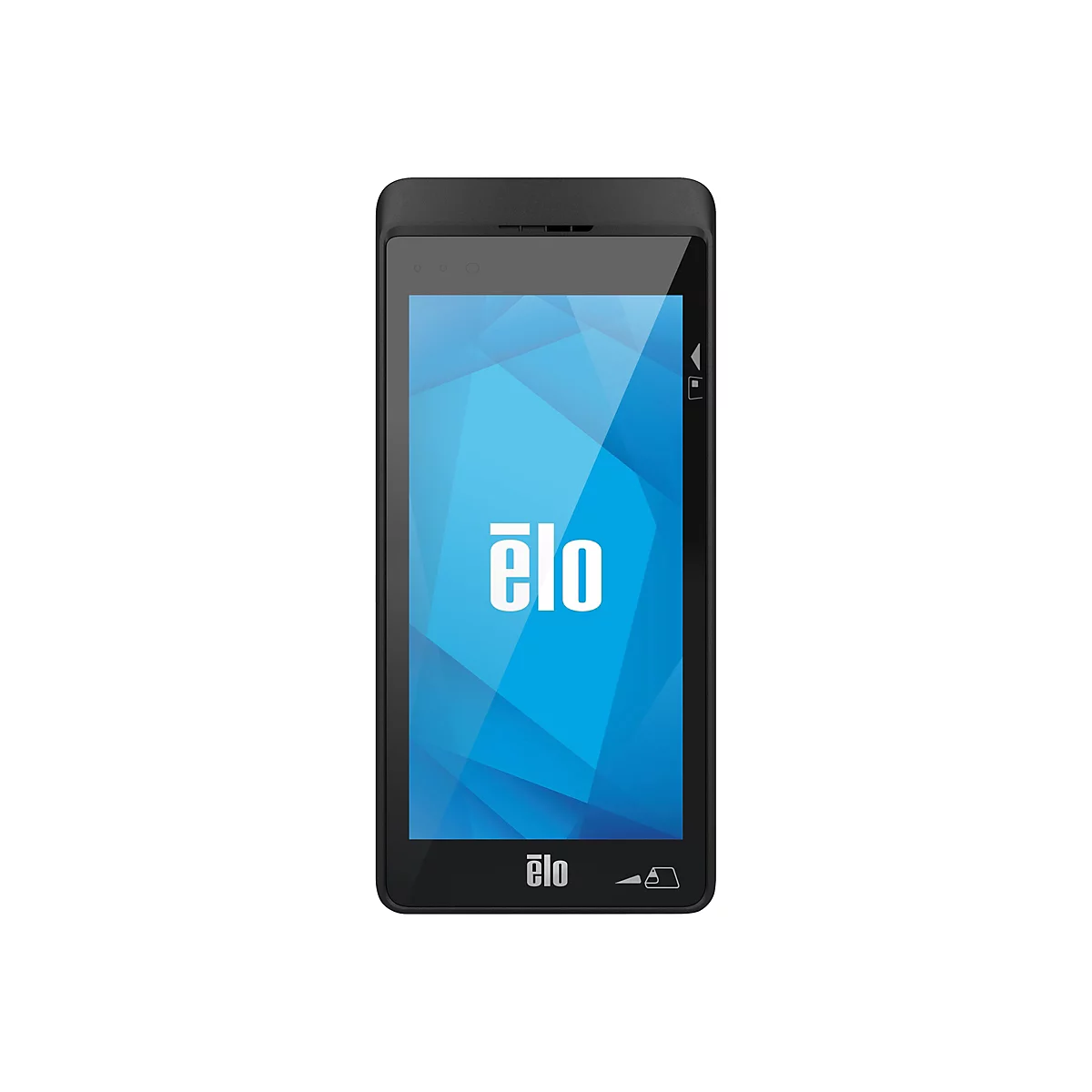 Schwarzes Elo-Handheld-Gerät mit blauem Display und weißem Logo auf weißem Hintergrund.