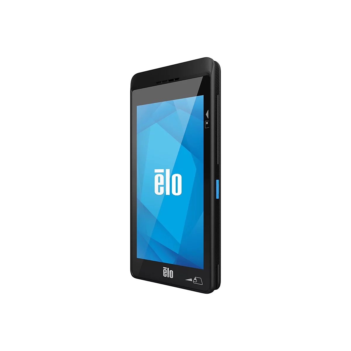 Schwarzes Elo Mobilterminal mit blauem Display und weißem Logo auf weißem Hintergrund.
