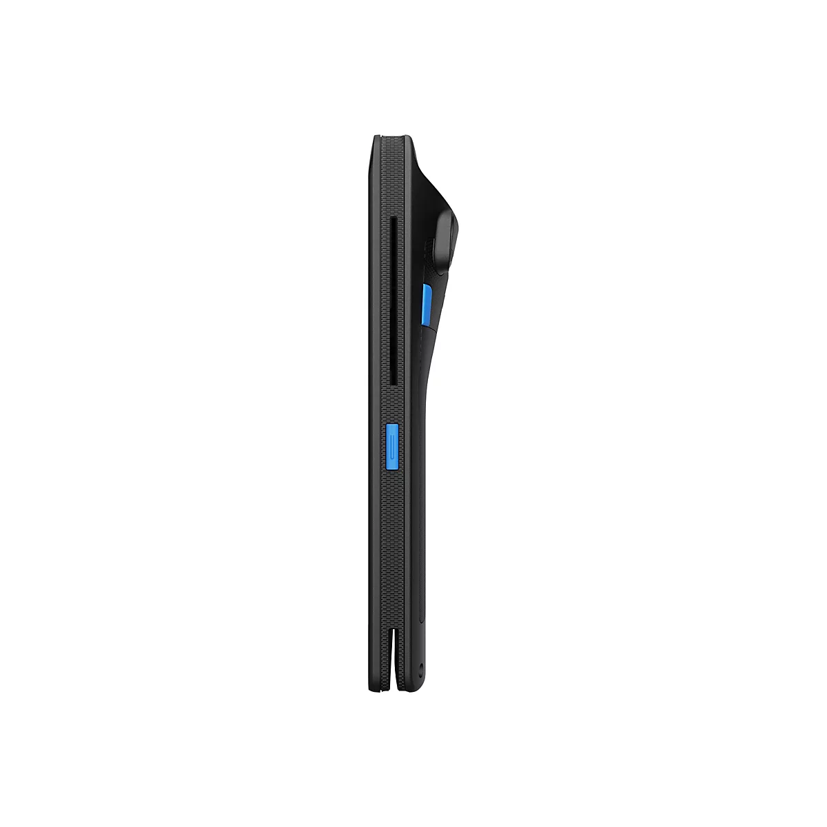 Seitenansicht eines schwarzen Handheld-Geräts mit markanten blauen Tasten vor weißem Hintergrund.