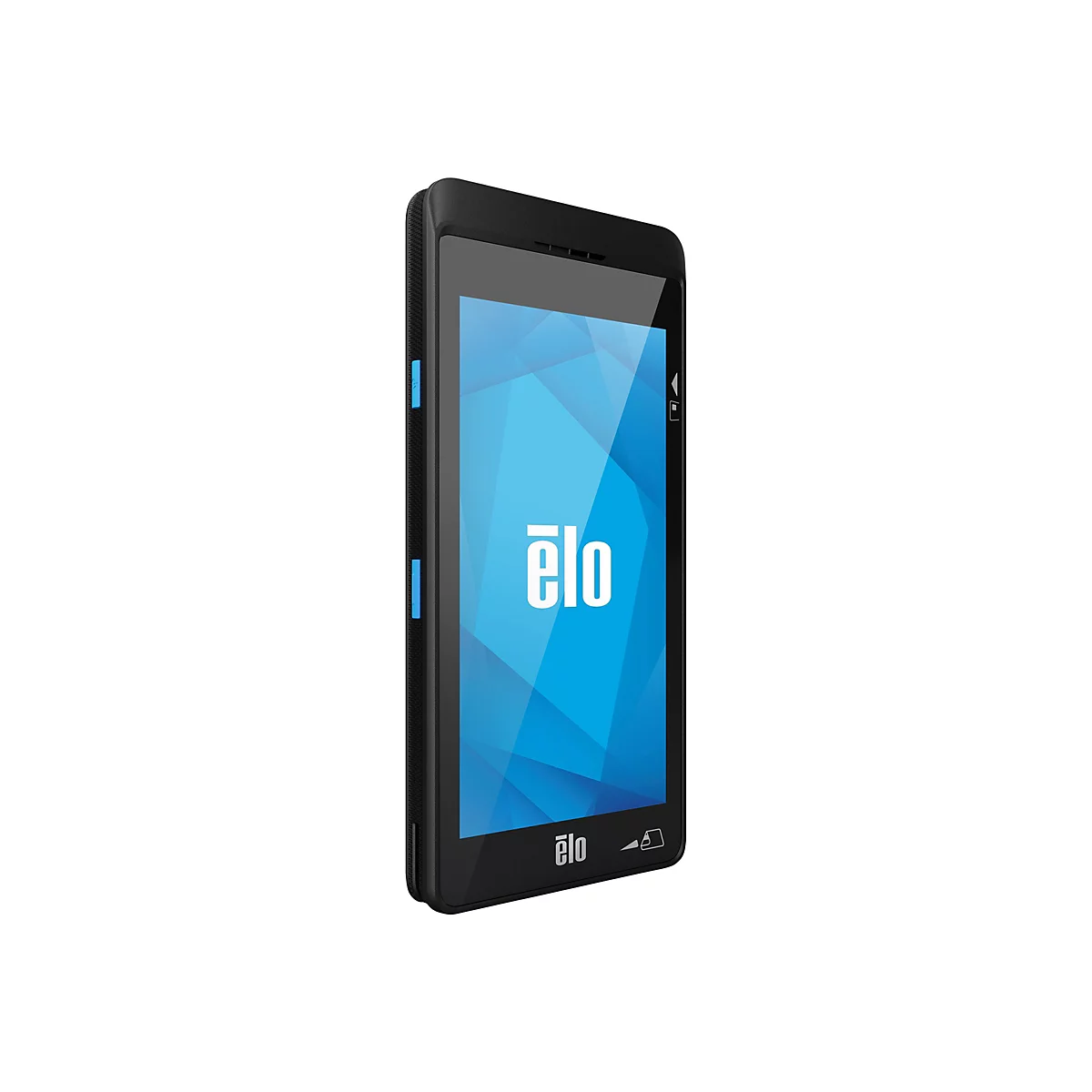 Schwarzes Elo Mobilgerät mit Touchscreen und blauem Hintergrundlogo vor weißem Hintergrund.