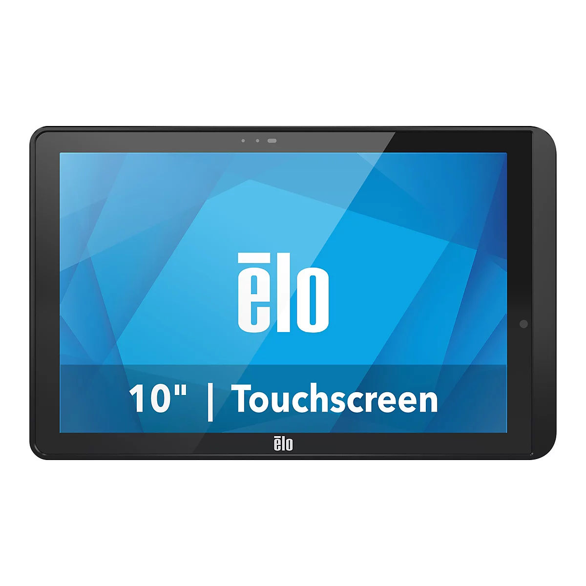 Schwarzes Tablet mit Touchscreen und blauem Bildschirm mit Logo.