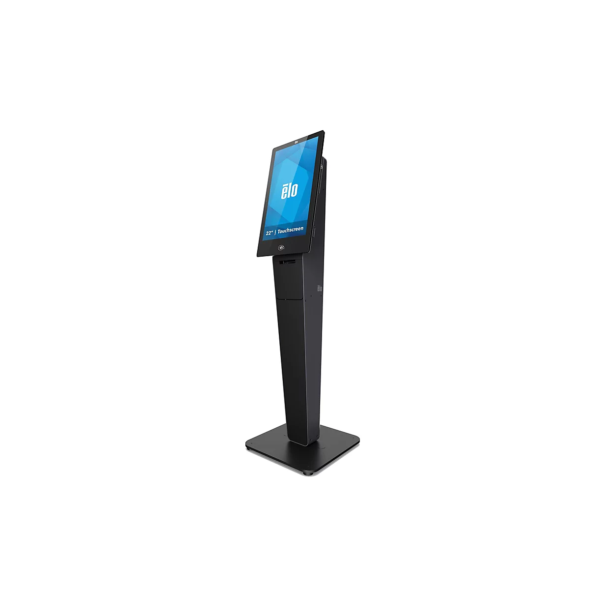 Schwarzer Touchscreen-Kiosk mit blauem Bildschirm, der das Elo-Logo zeigt. Darunter steht '22" Touchscreen'.