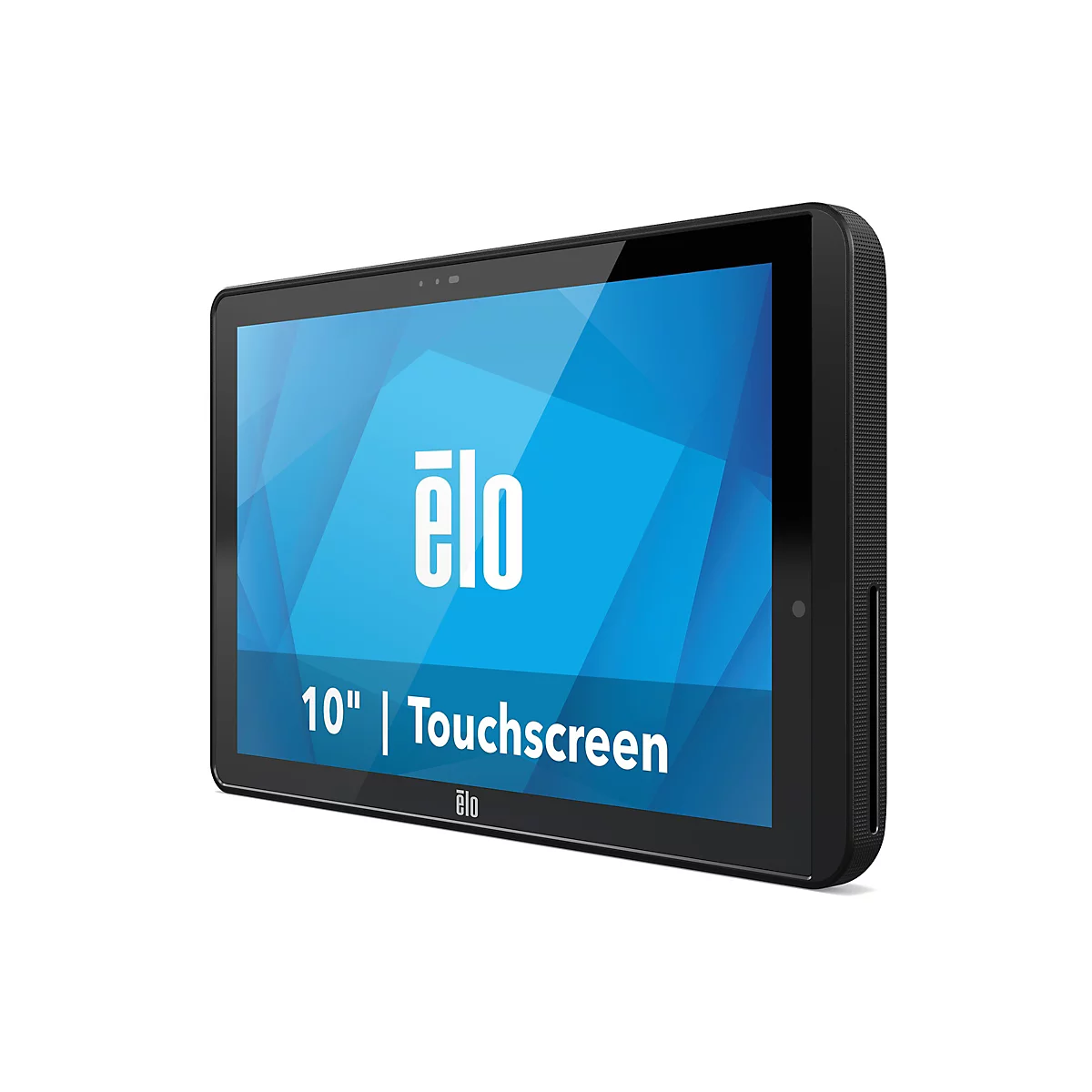 Schwarzes Tablet mit Touchscreen und dem Logo "elo" auf blauem Hintergrund. Text: 10 Zoll.