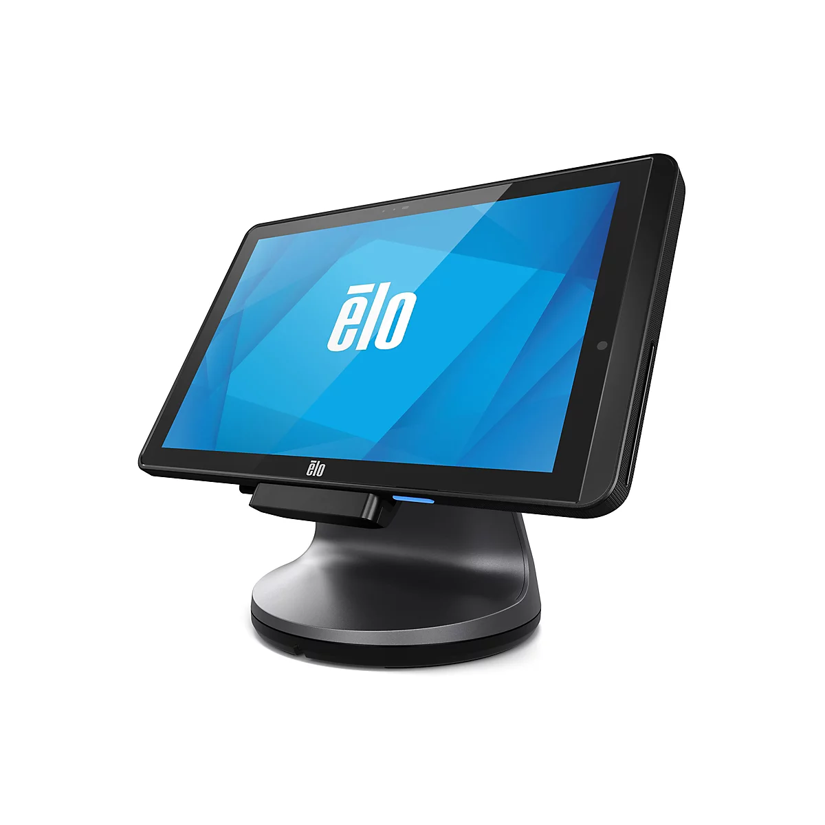Ein schwarzes Elo-Touchscreen-Gerät mit blauem Bildschirm und weißem Logo. Das Gerät ist auf einem grauen Sockel montiert.