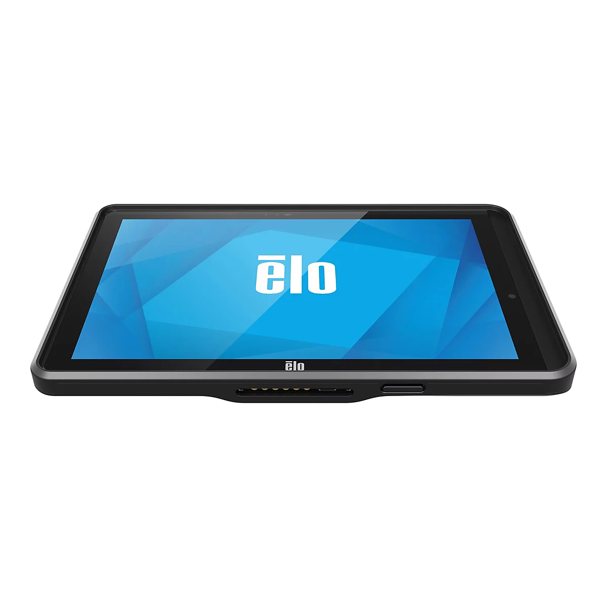 Ein schwarzes Tablet mit dem Logo "ēlo" auf dem Bildschirm und dem Gehäuse. Der Bildschirm zeigt ein blaues Muster.