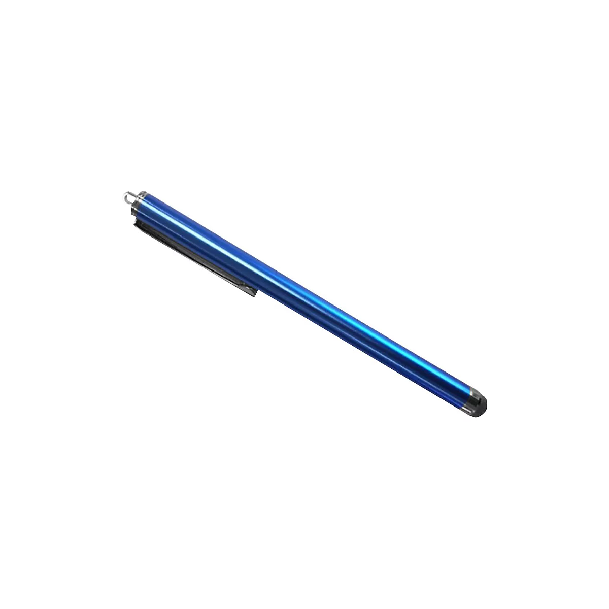 Blauer Stylus-Stift mit silberfarbenem Clip, Spitze und oberem Ring, vor weißem Hintergrund.