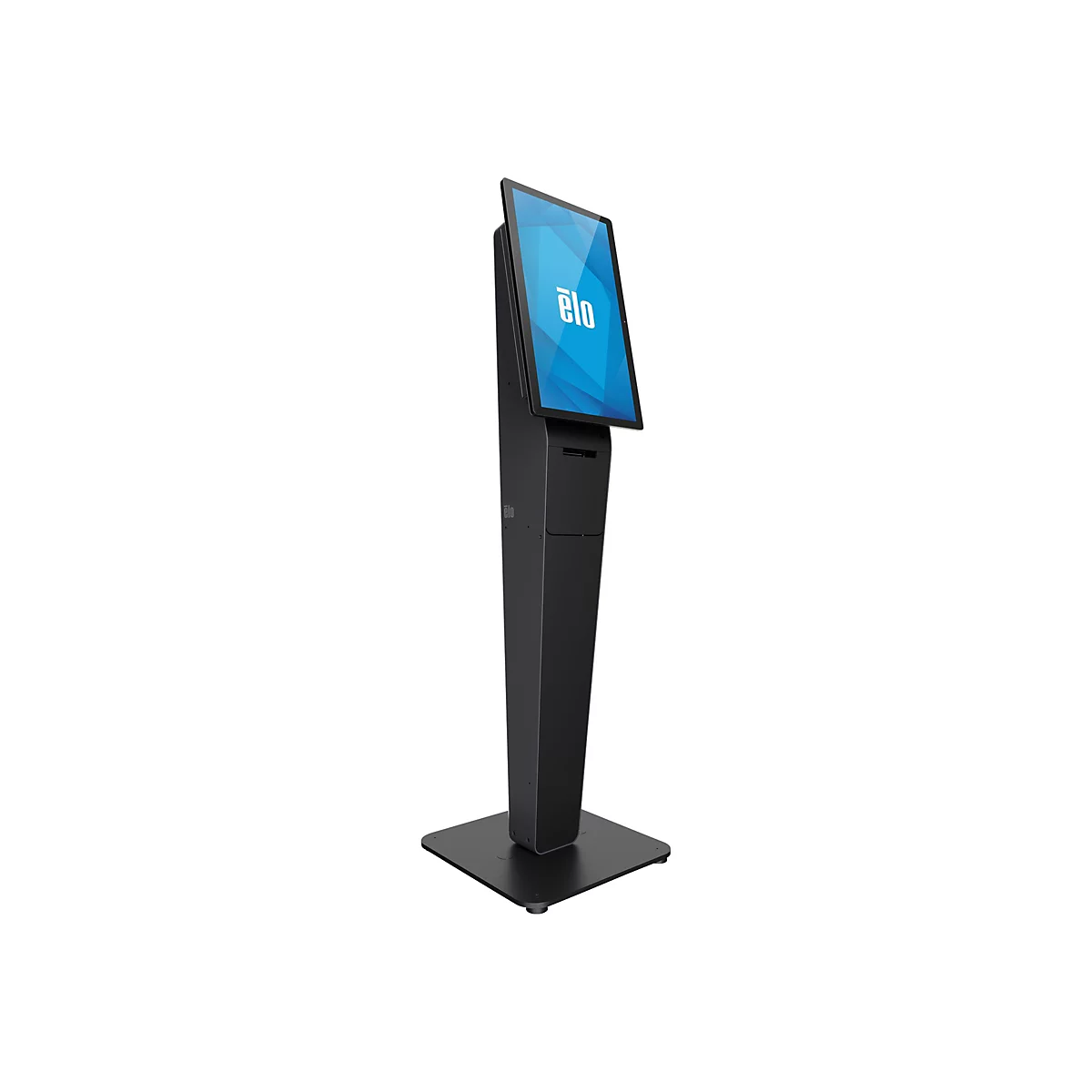 Schwarzer Touchscreen-Kiosk mit Logo „elo“ auf weißem Hintergrund. Der Bildschirm zeigt ein blaues Design.