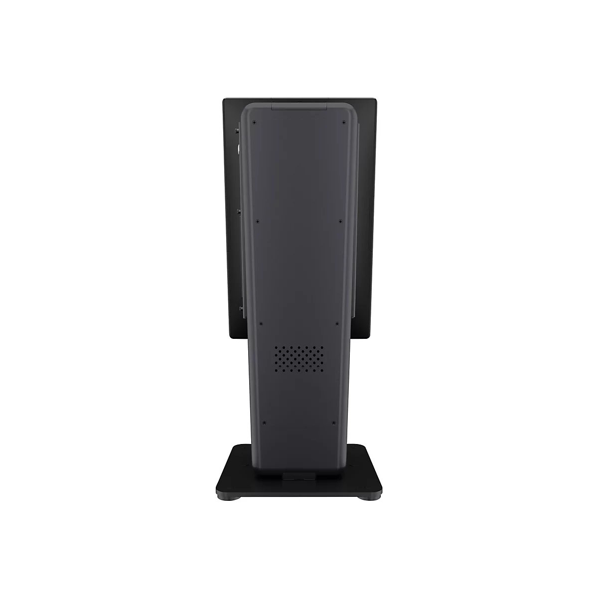 Rückansicht eines schwarzen Touchscreen-Kiosks, der auf weißem Hintergrund steht.