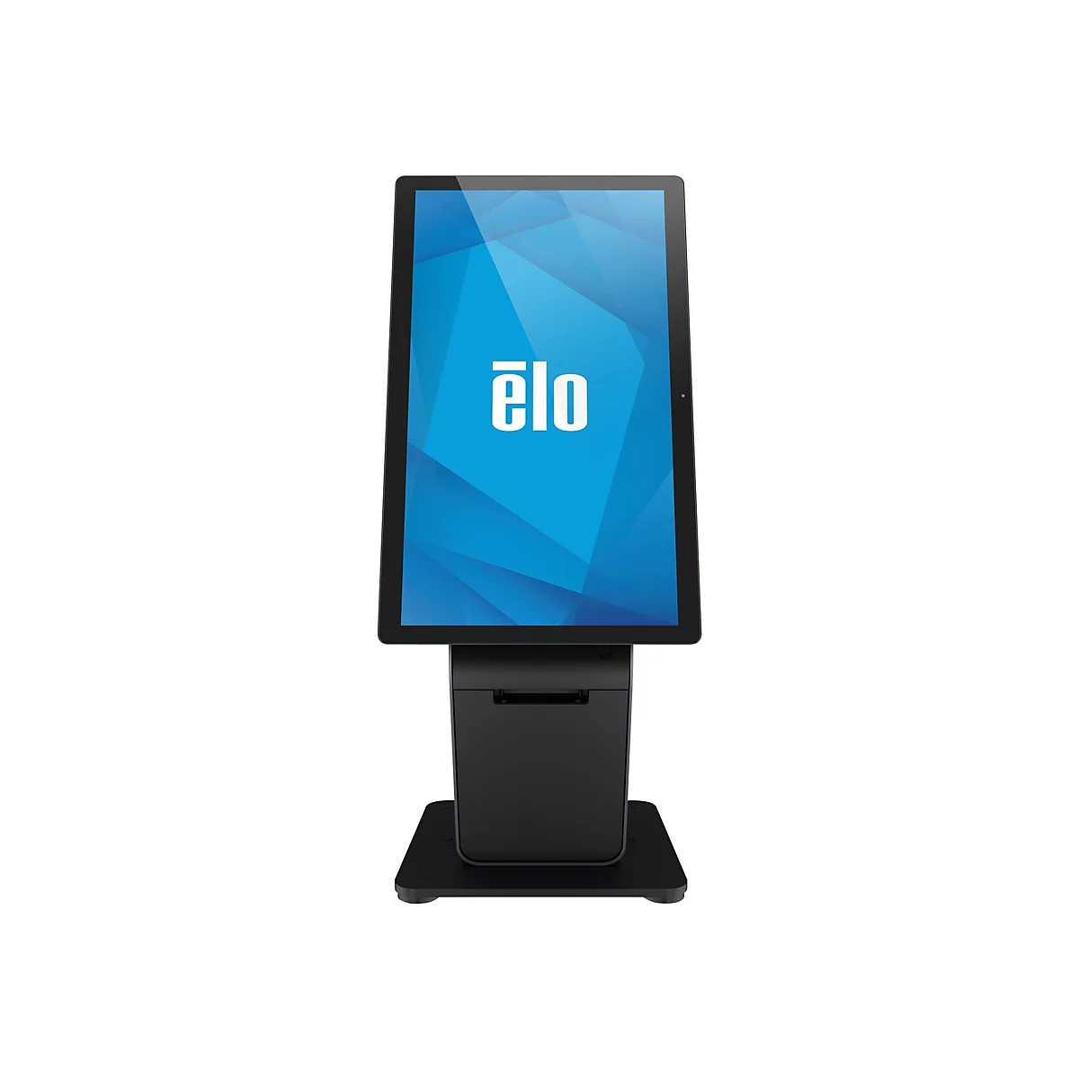 Schwarzer Touchscreen-Kiosk mit blauem Bildschirm und dem weißen "elo"-Logo. Steht auf einem weißen Hintergrund.
