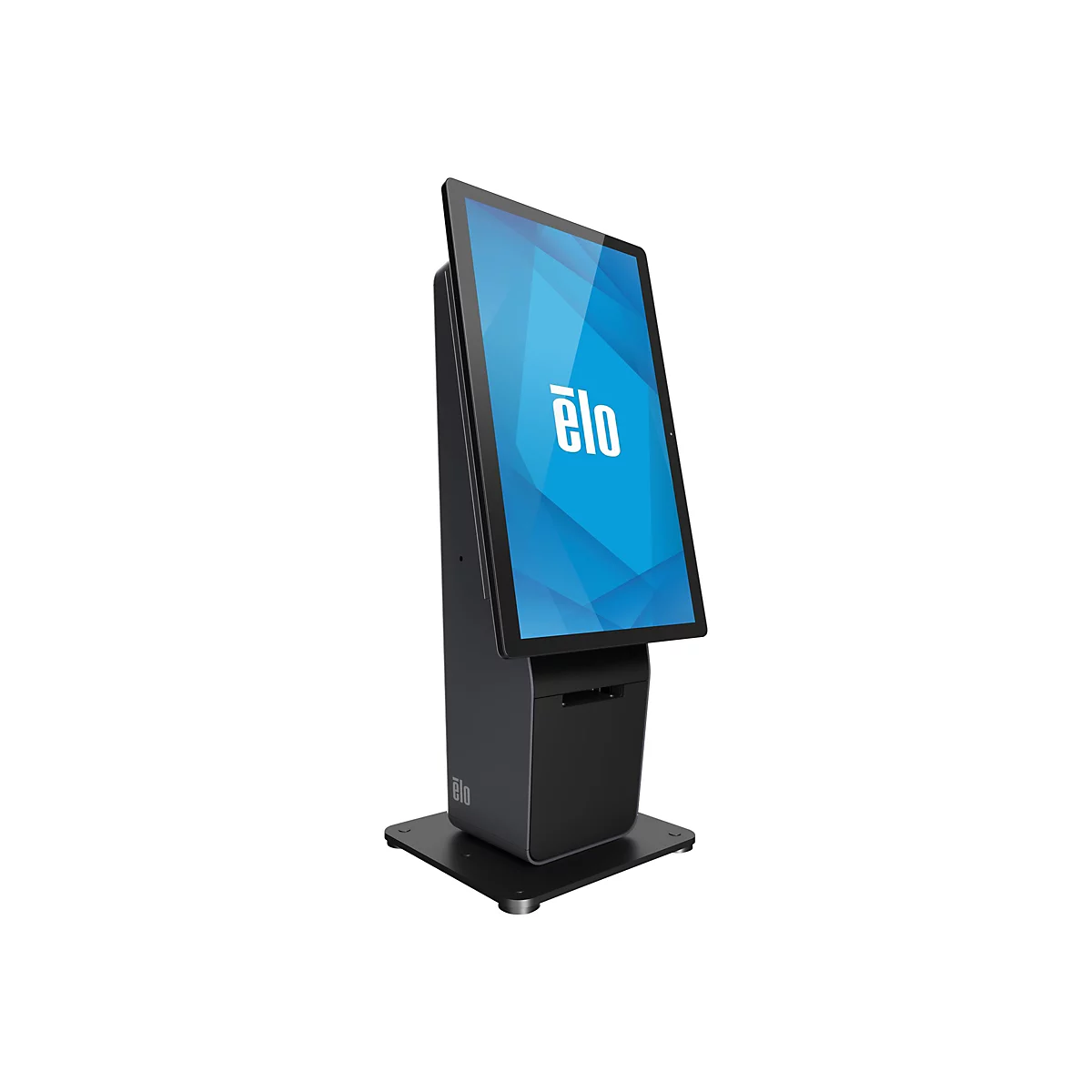 Ein schwarzer Touchscreen-Kiosk, der aufrecht steht. Auf dem Bildschirm ist das Logo "elo" zu sehen.