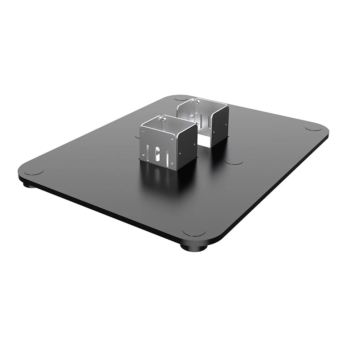 Schwarze Bodenplatte mit zwei Metallhalterungen auf weißem Hintergrund.
