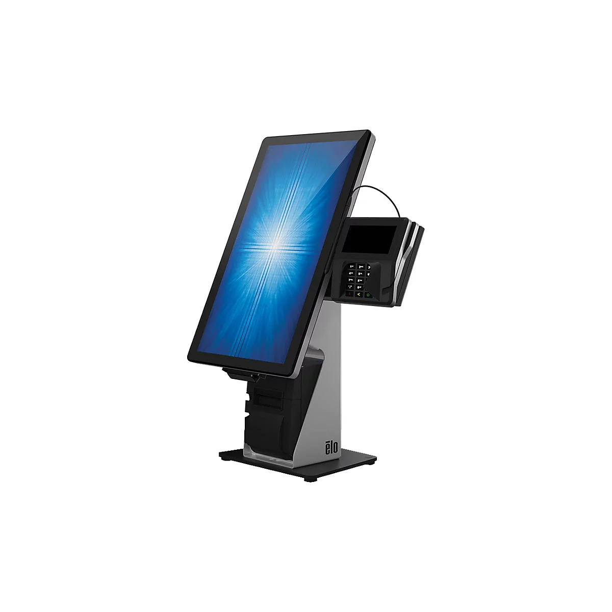 Ein Touchscreen-Kassensystem mit großem Bildschirm und integriertem Kartenlesegerät auf einem Sockel.