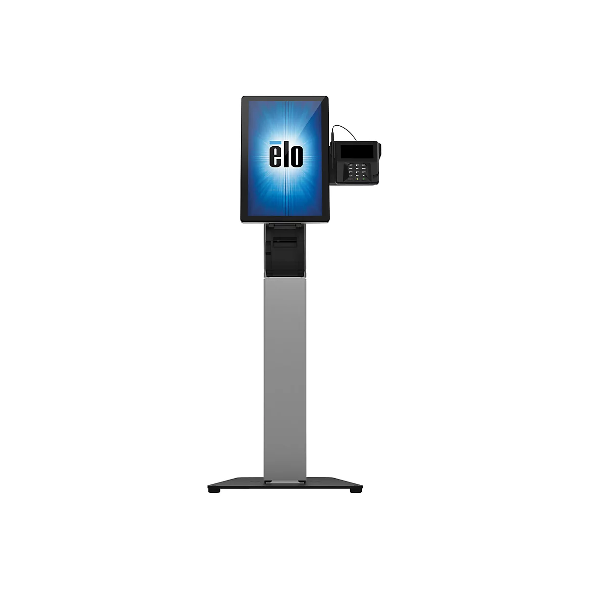 Grauer Touchscreen-Kiosk mit Logo 'elo' und integriertem Kartenlesegerät. Die Oberfläche zeigt einen blauen Hintergrund.