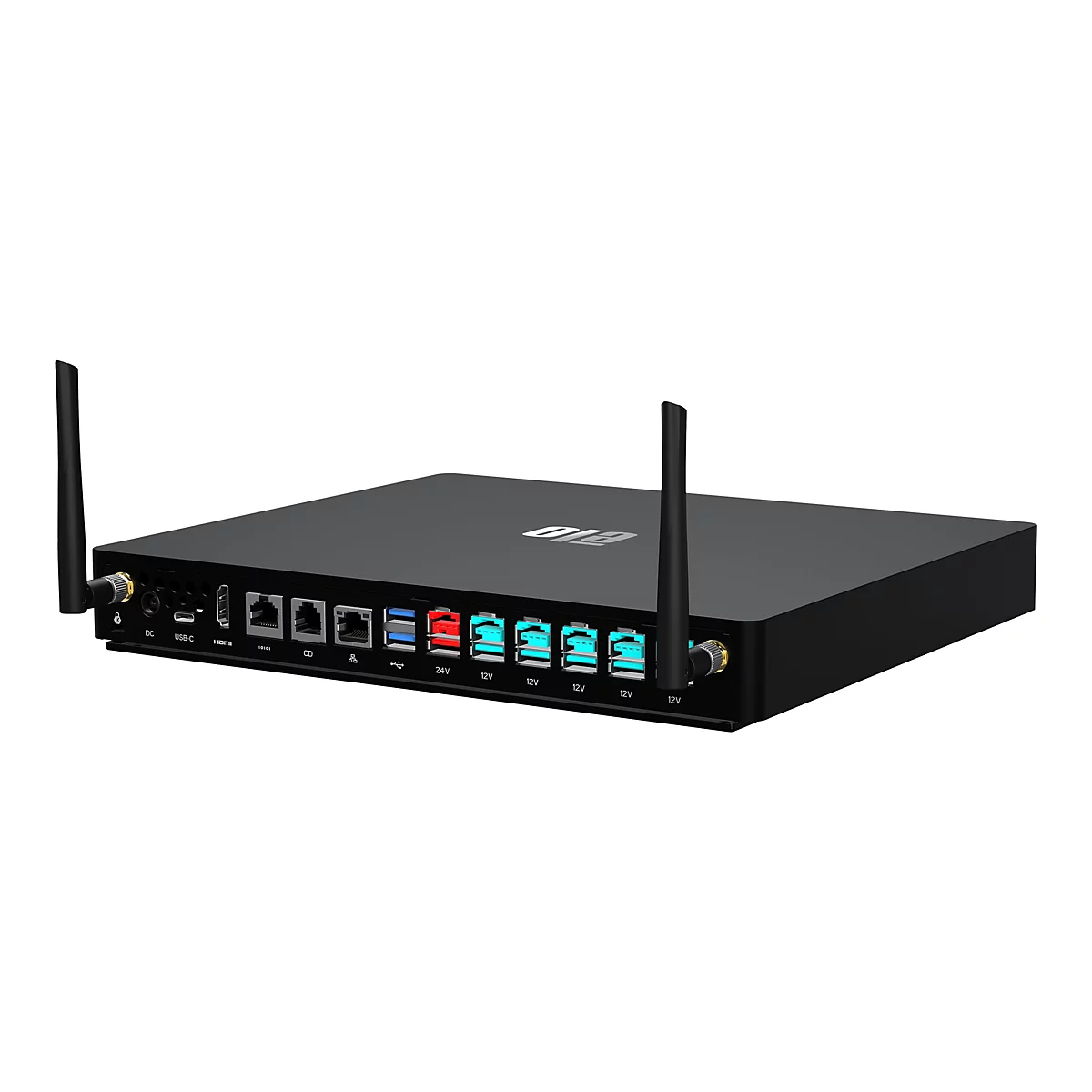 Schwarzer Router mit Antennen. Anschlüsse für USB-C, HDMI und Netzwerk. Beschriftung: DC, USB-C, HDMI, 10101, CD, 24V, 12V, 12V, 12V.