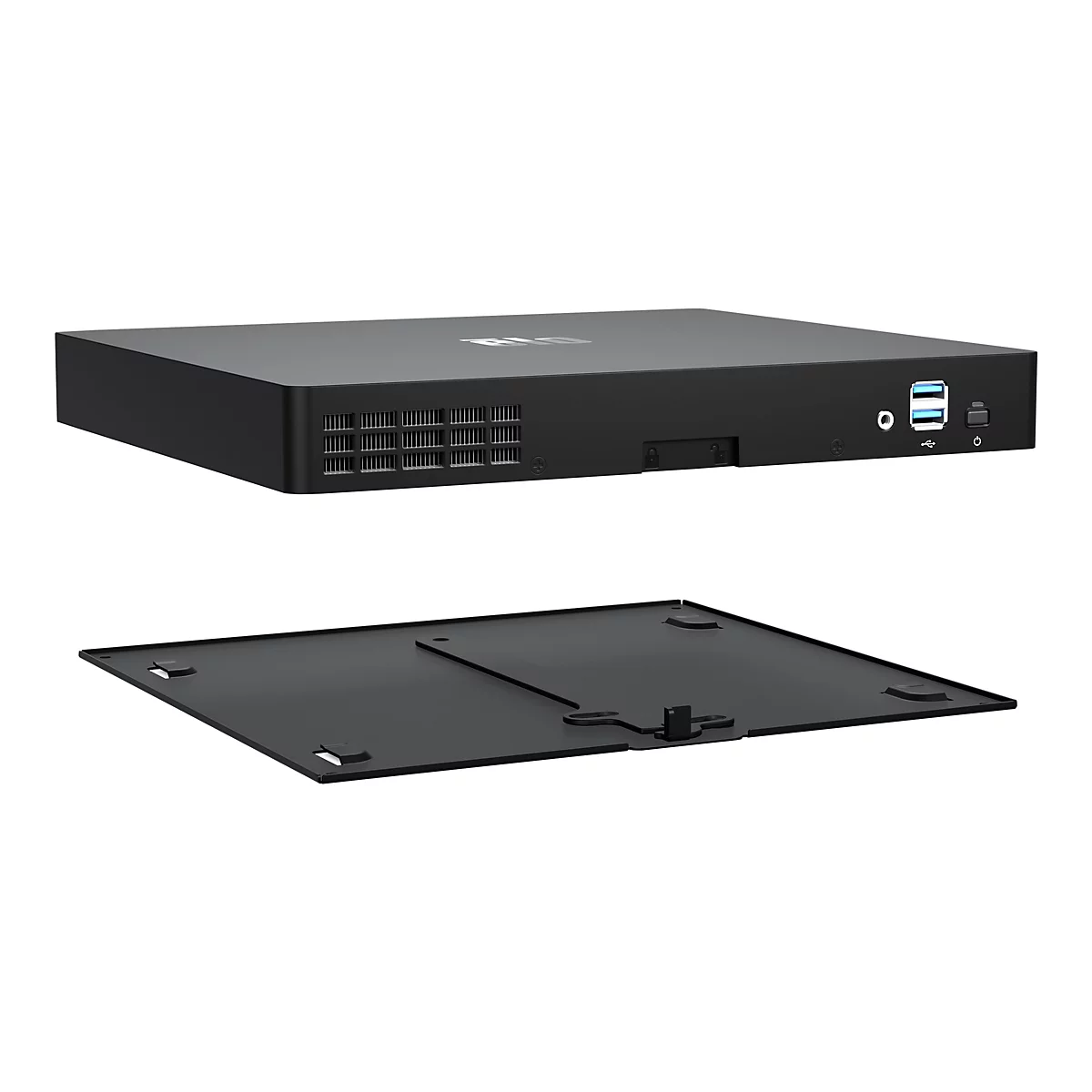 Schwarzer Mini-PC mit abnehmbarem Deckel. Oben: Lüftungsschlitze, Anschlüsse für USB, Kopfhörer und Strom. Deckel darunter.