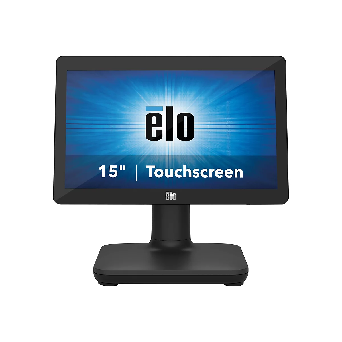 Schwarzer Touchscreen-Monitor, der auf einem Sockel steht. Der Bildschirm zeigt das Logo „élo“ mit der Aufschrift „15 Zoll | Touchscreen“.