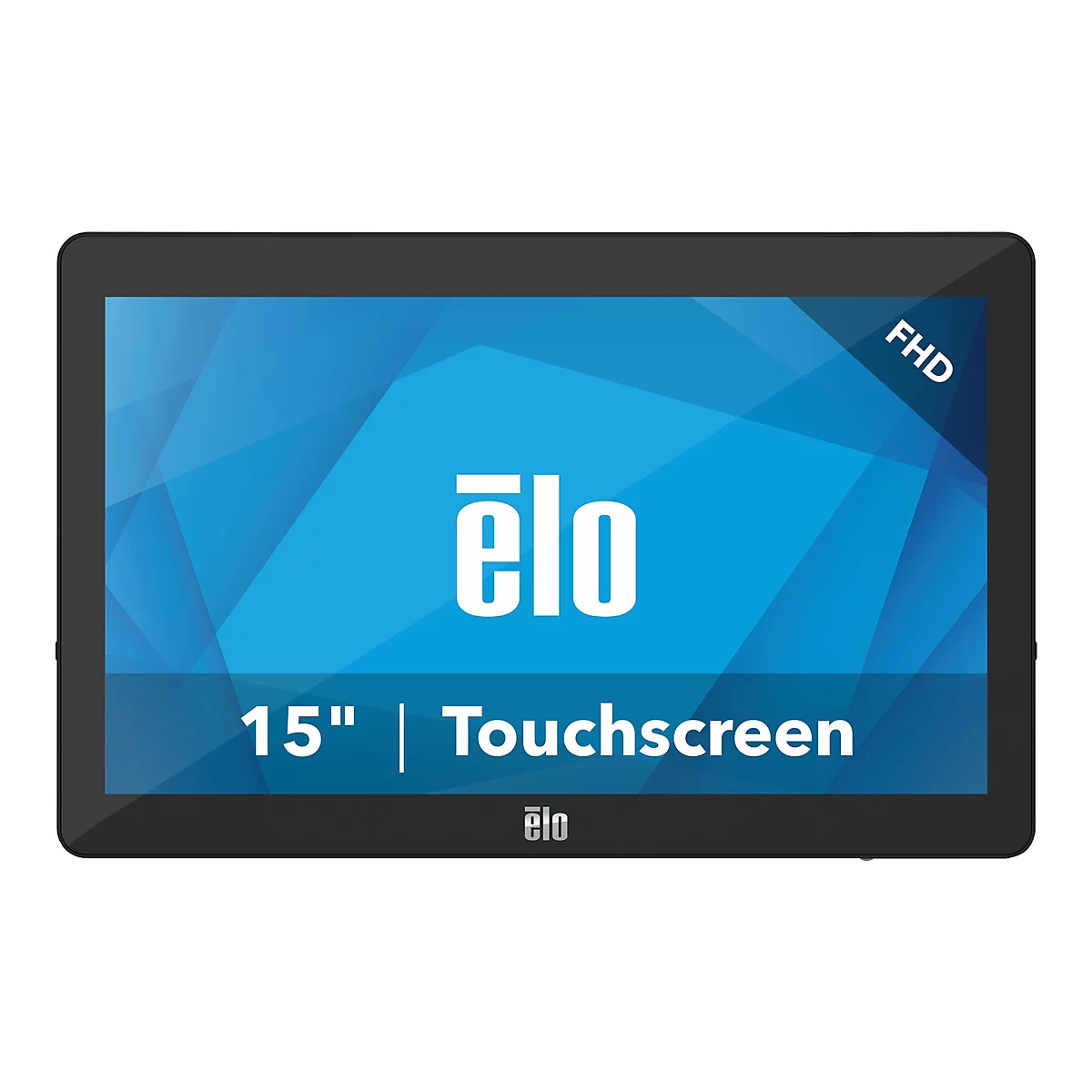 Schwarzer Touchscreen-Monitor mit Elo-Logo, 15", und der Aufschrift FHD auf blauem Hintergrund.