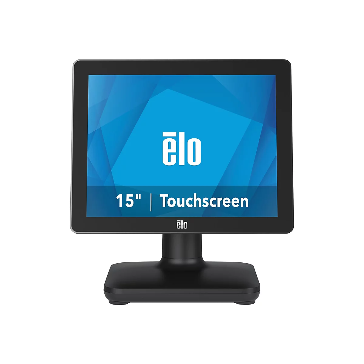Ein Touchscreen-Monitor, Marke ELO, 15 Zoll, schwarzer Rahmen und Ständer.