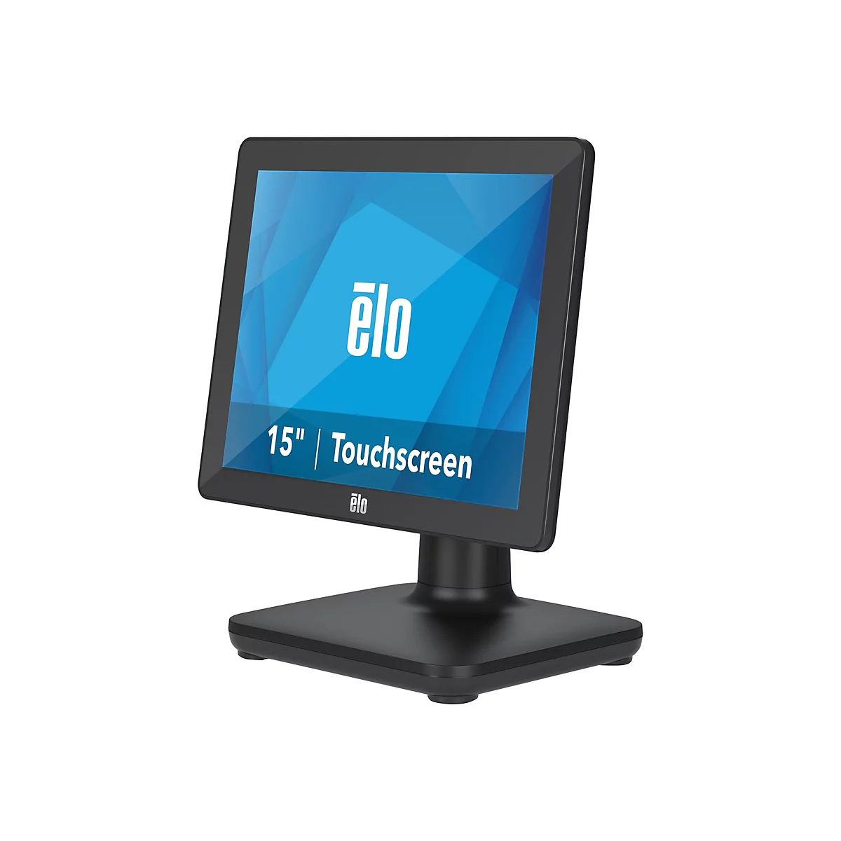 Schwarzer Touchscreen-Monitor mit blauem Bildschirm, der das Elo-Logo zeigt. Darunter steht "15" Touchscreen".