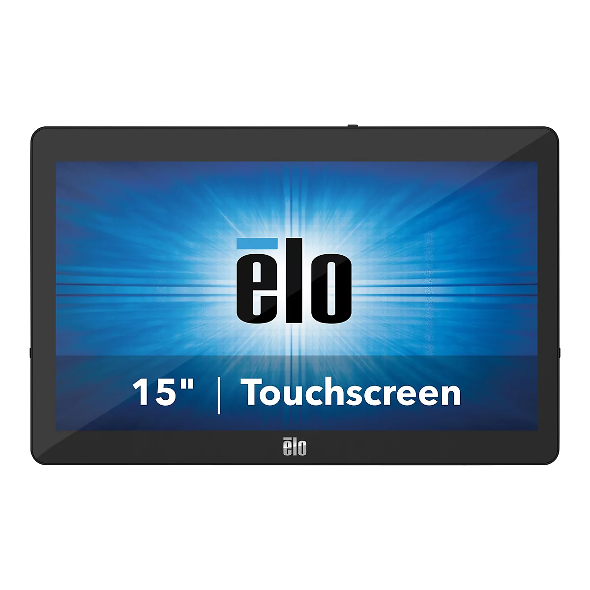 Ein schwarzes Touchscreen-Tablet mit dem Logo "elo" und der Aufschrift "15" Touchscreen" auf blauem Hintergrund.